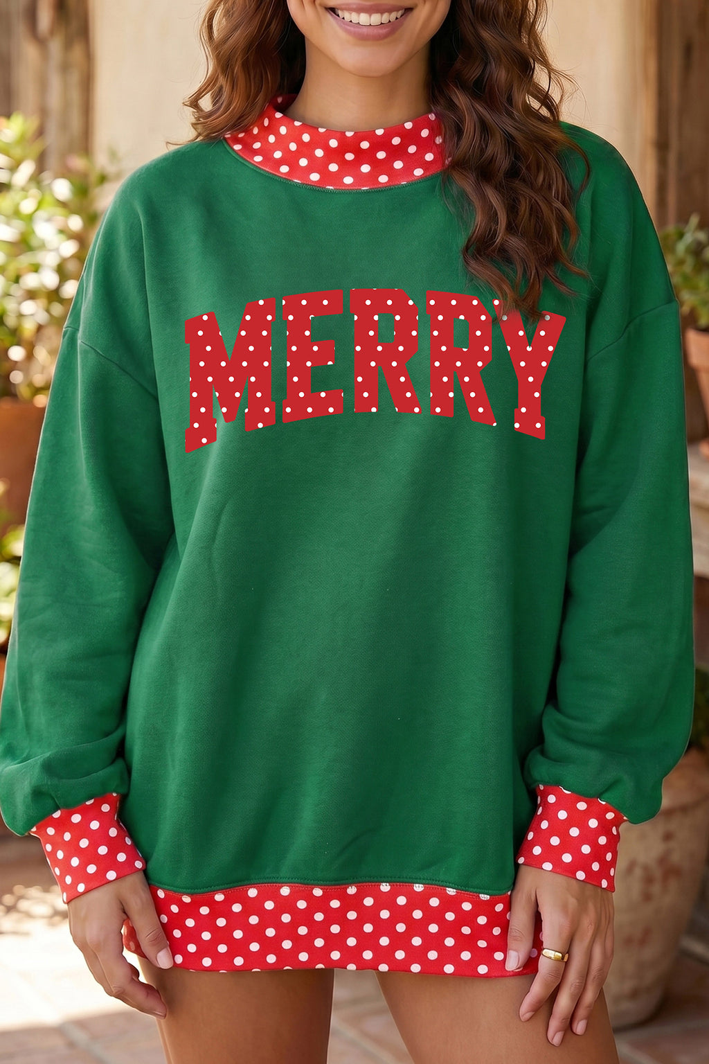 Dark Green Merry Christmas Slogan Polka Dot Contrast Trim Tunic Sweatshirt