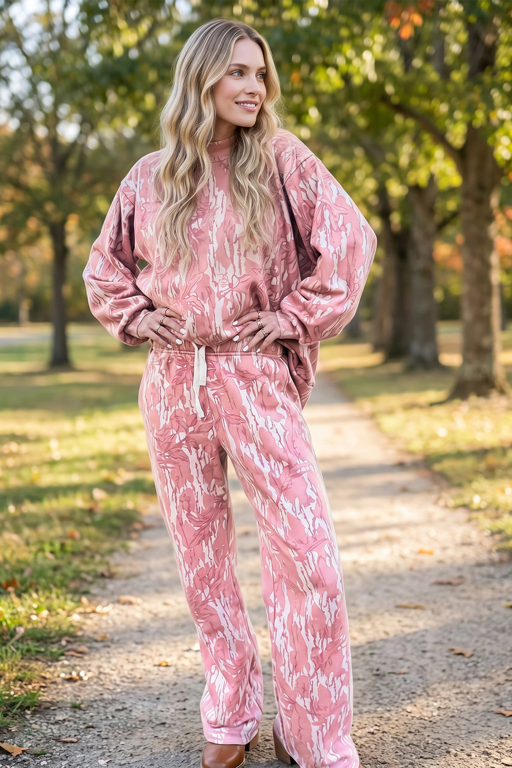 Multicolour Abstract Floral Print Loose Pullover Drawstring Pants 2pcs Set