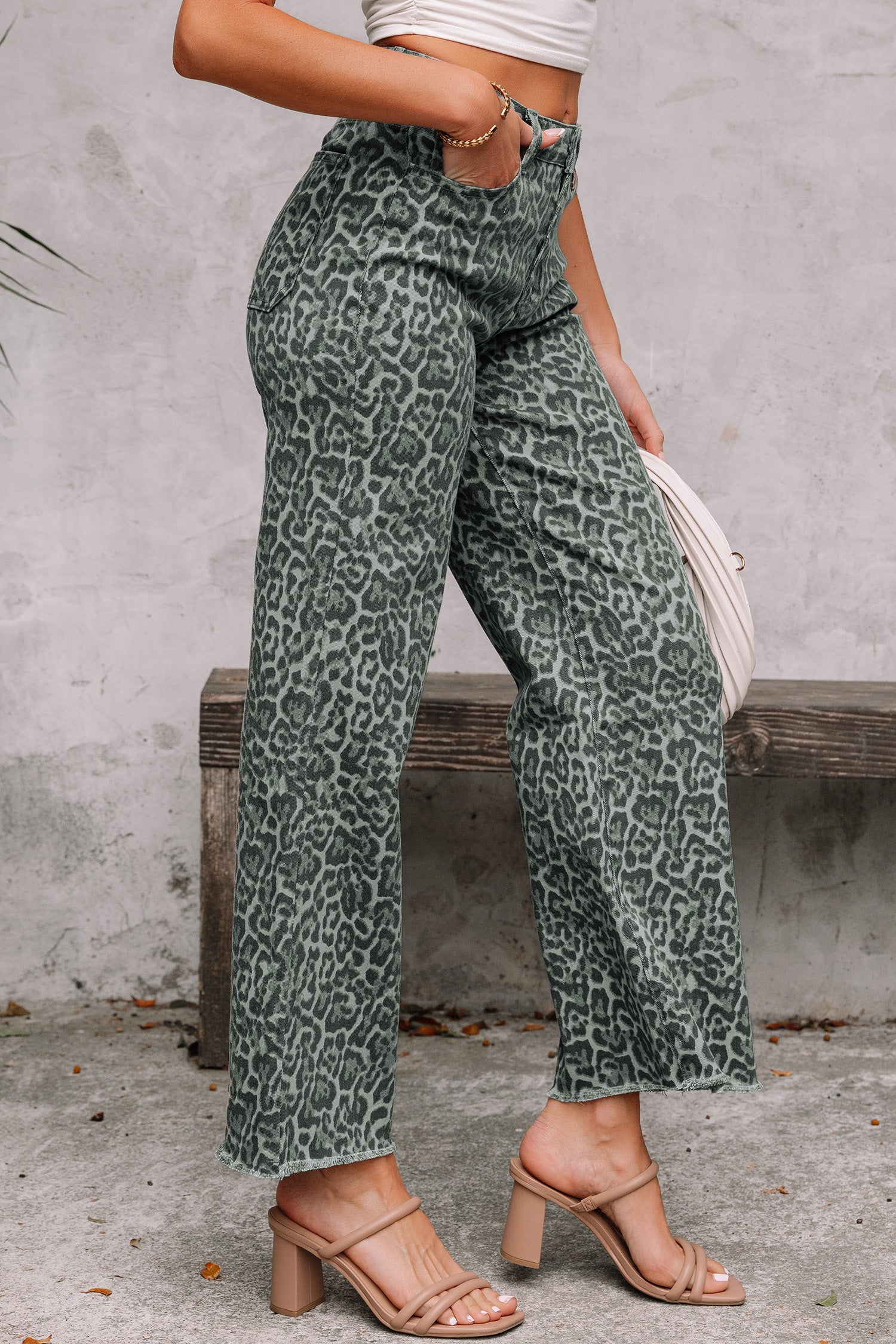 Brown Leopard Frayed Edge Wide Leg High Waist Jeans