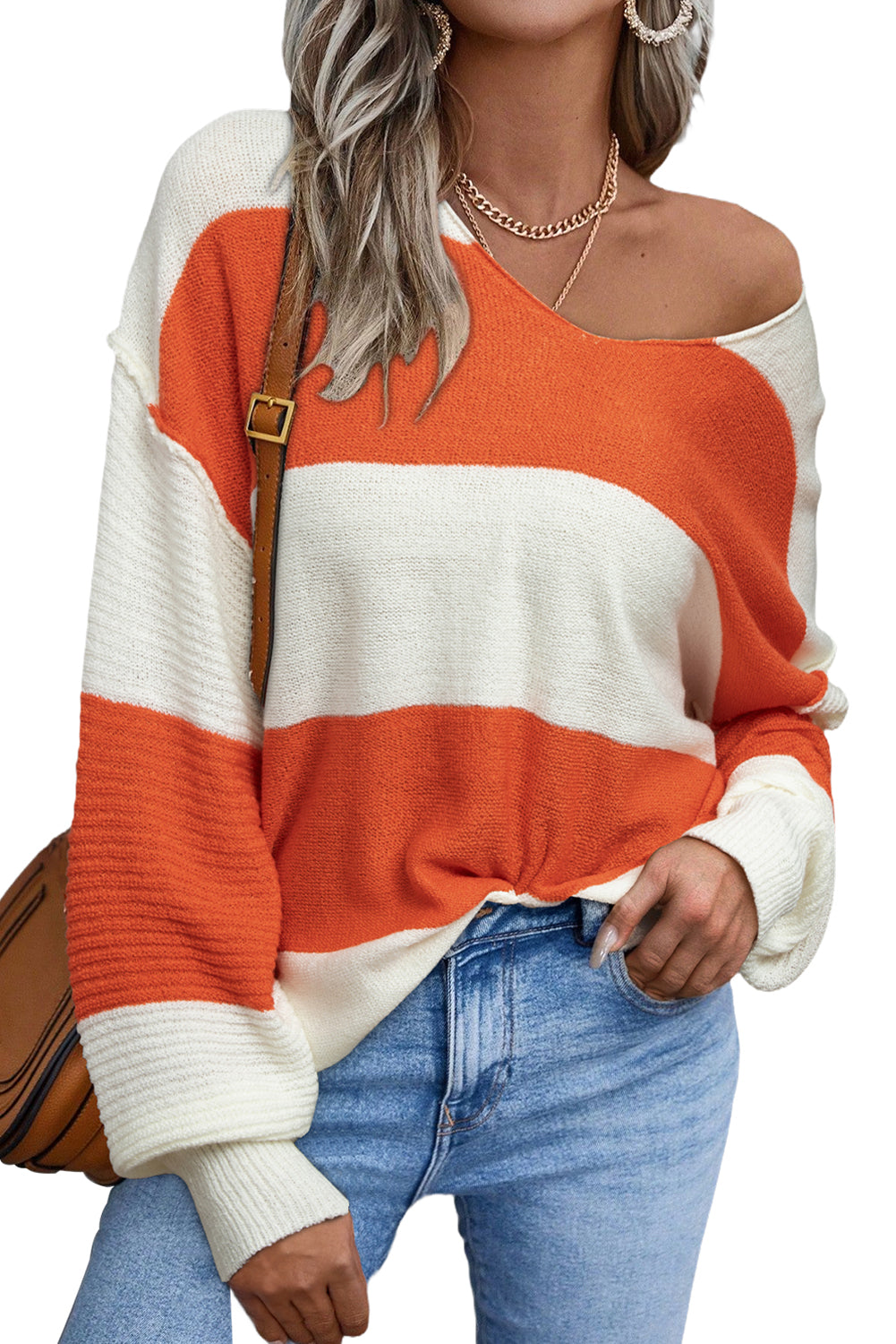 Green Stripe Colorblock V Neck Side Slits Sweater