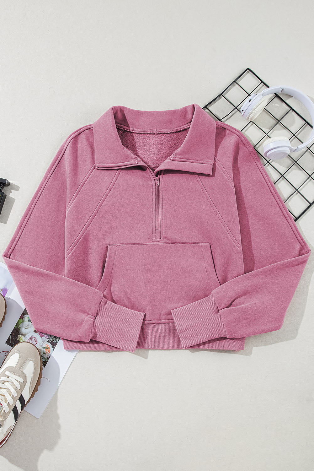 Phalaenopsis Zip Up Stand Collar Ribbed Thumbhole Sleeve Sweatshirt