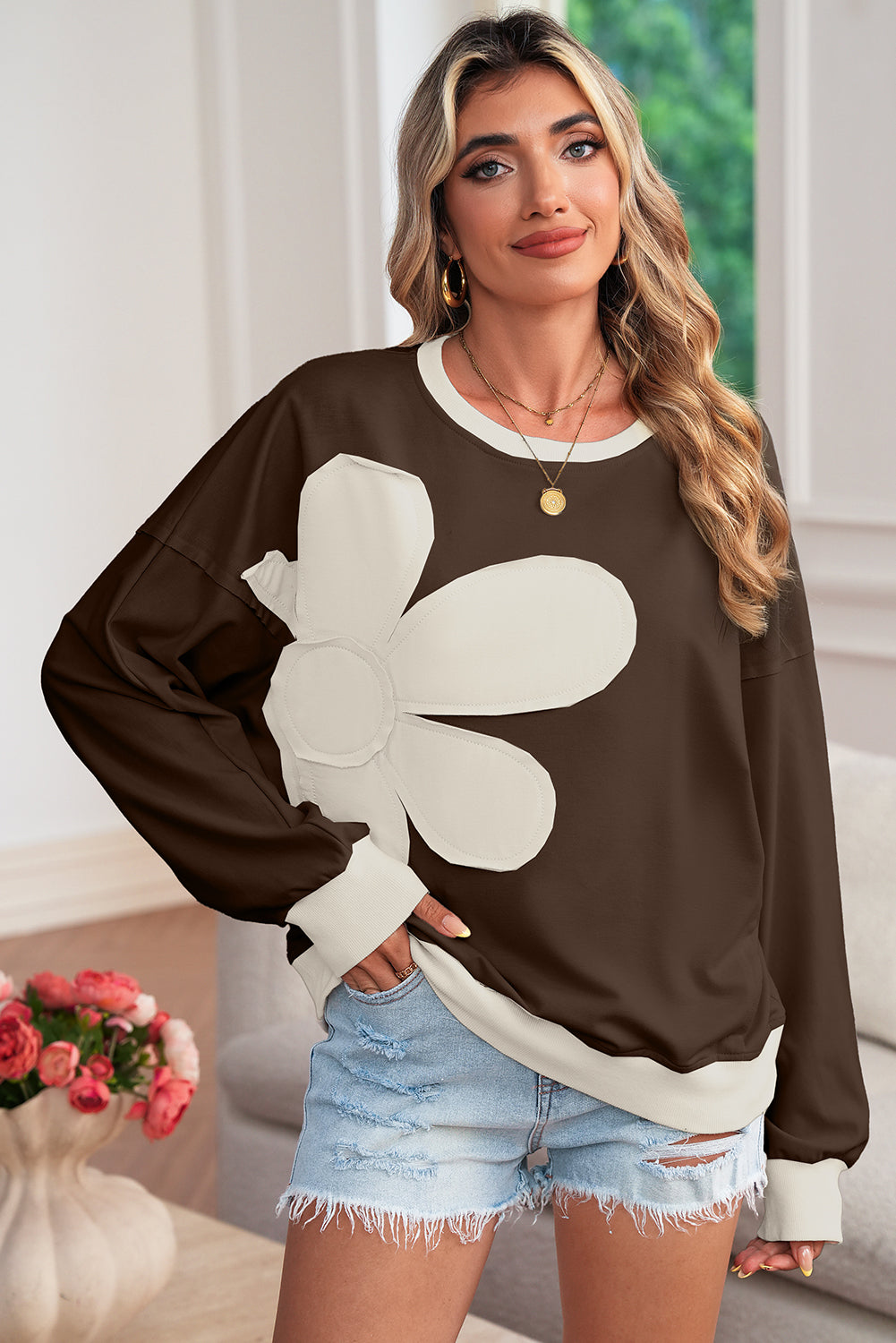 Smoke Green Raw Edge Flower Patch Drop Shoulder Long Sleeve Top