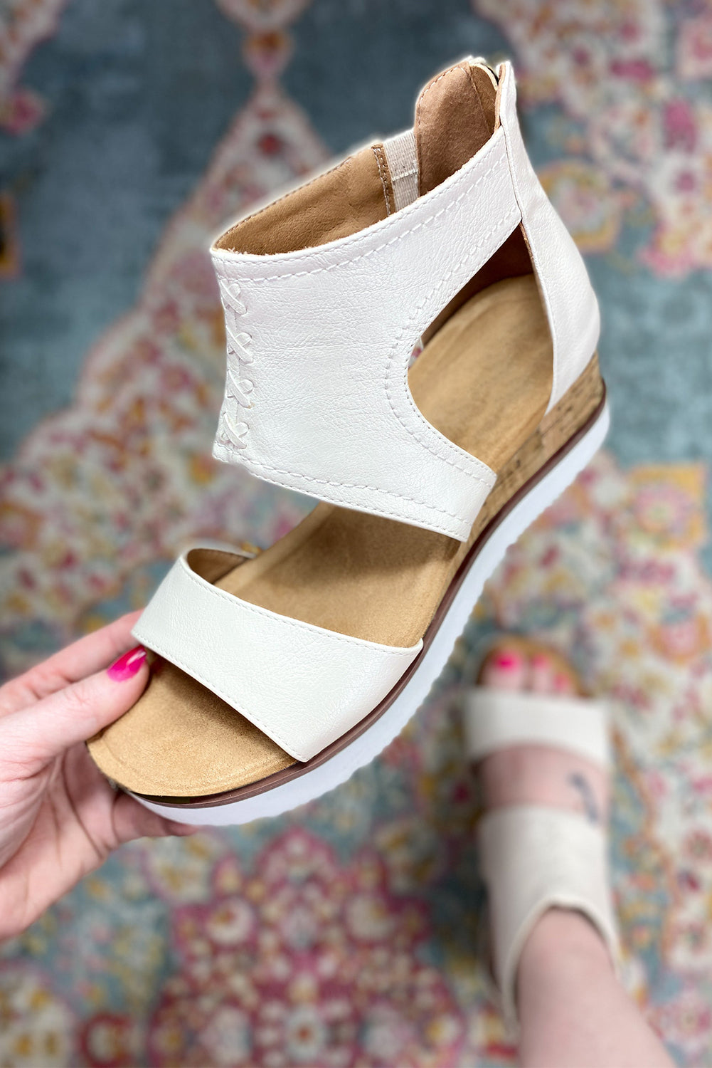 White Crisscross Detail Leather Wedge Gladiator Sandals