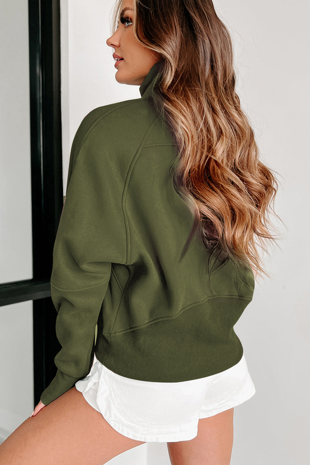Phalaenopsis Zip Up Stand Collar Ribbed Thumbhole Sleeve Sweatshirt