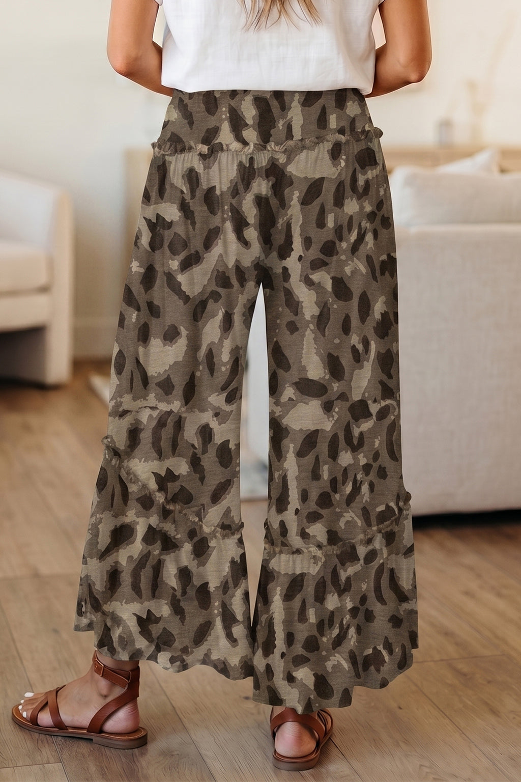 Beige Camo Print Wide Leg Casual Pants