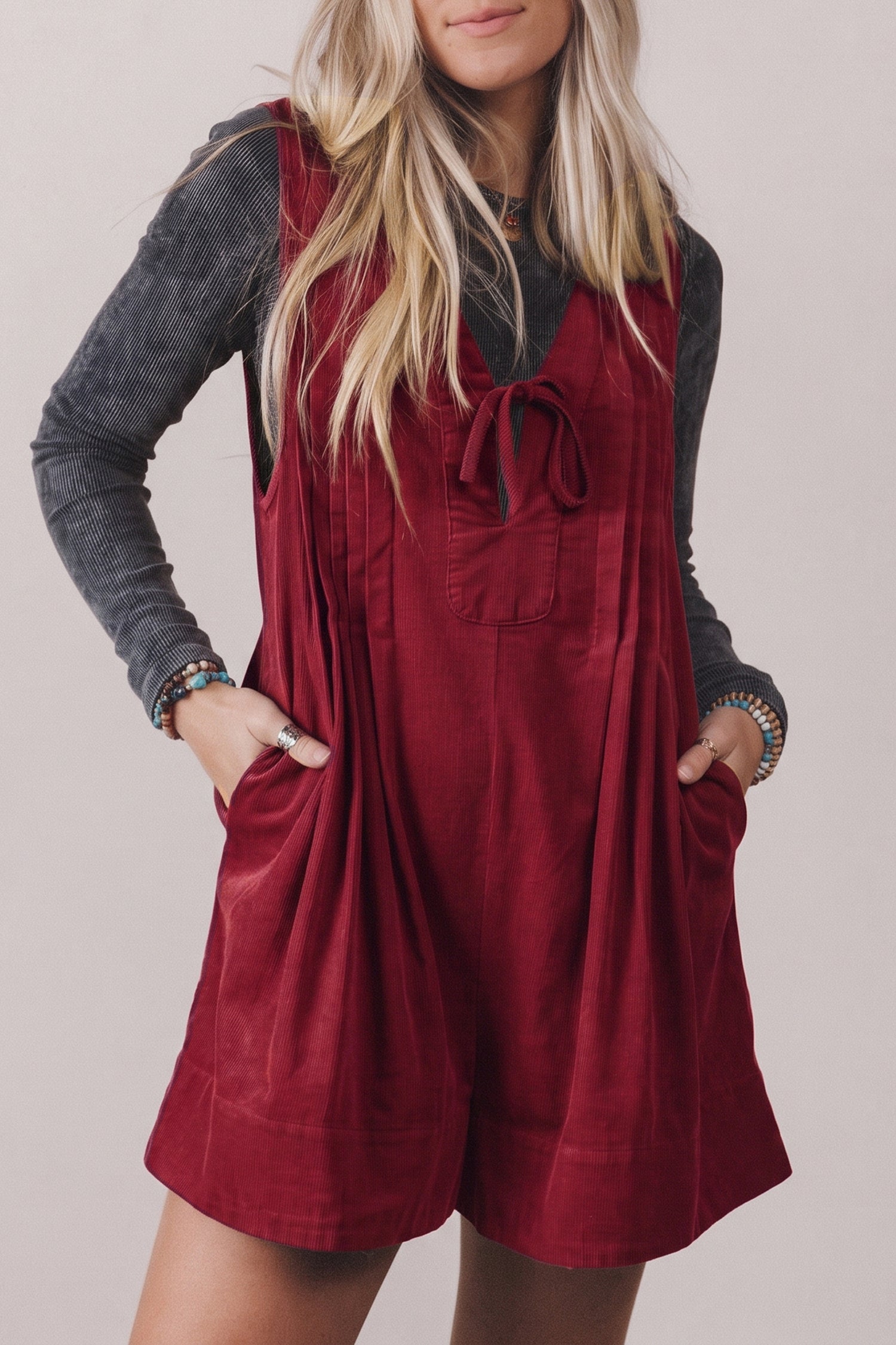 Cinnamon Solid Color Tie V Neck Sleeveless Corduroy Romper