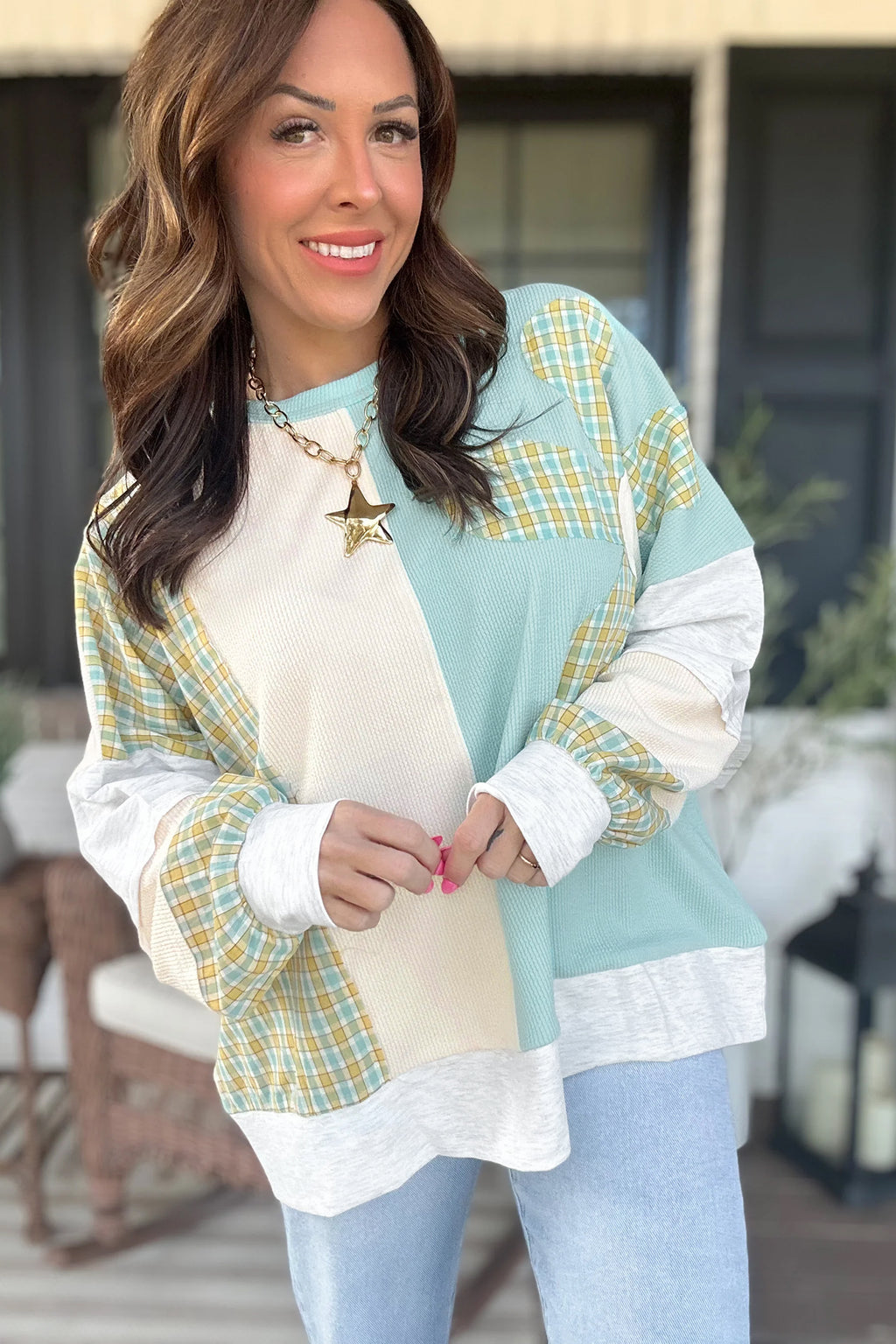 Light Blue Plaid Patchwork Round Neck Long Sleeve Top