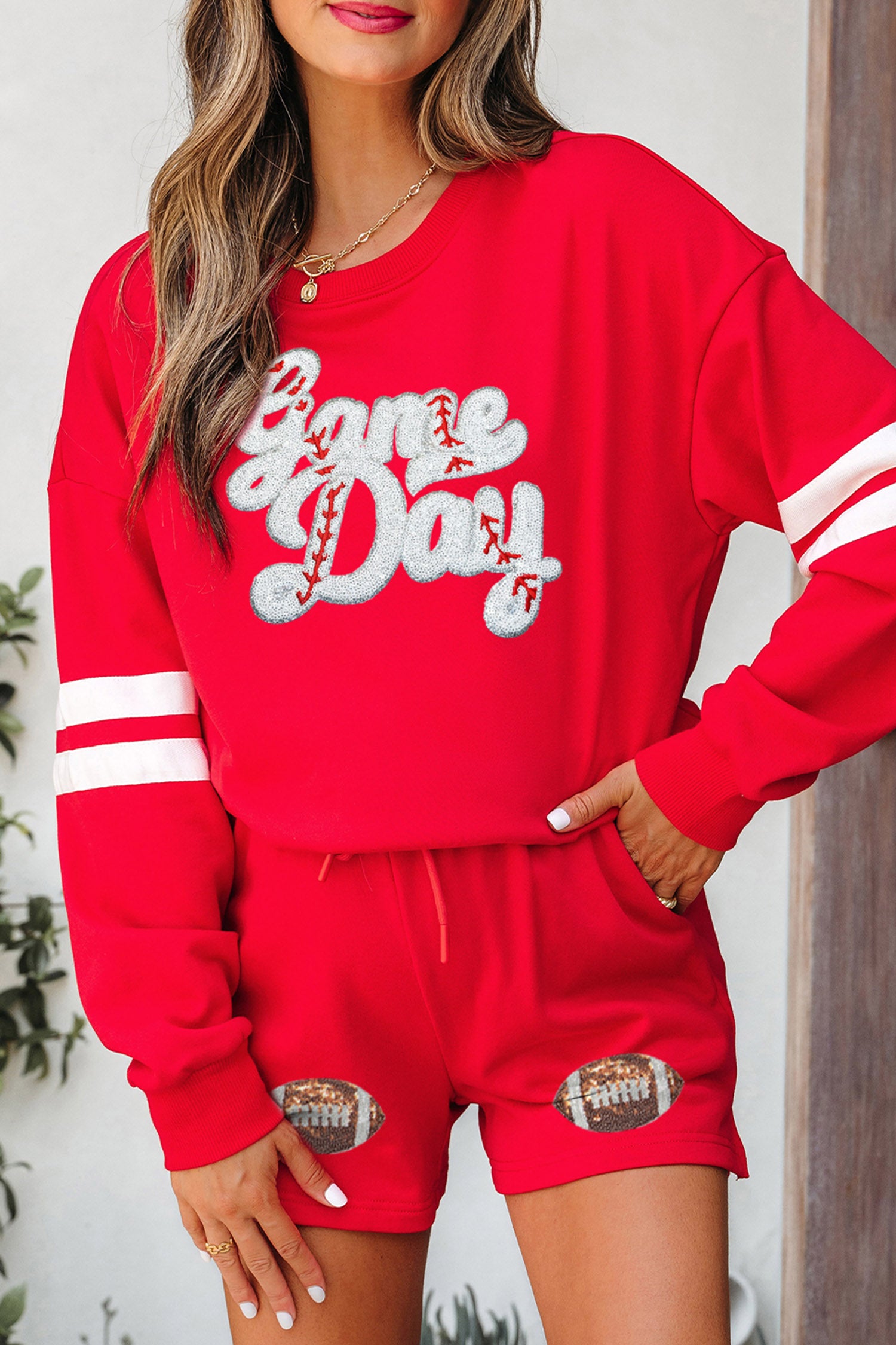 Fiery Red Glitter Game Day Slogan Football Patch Varsity Graphic Two Piece Set