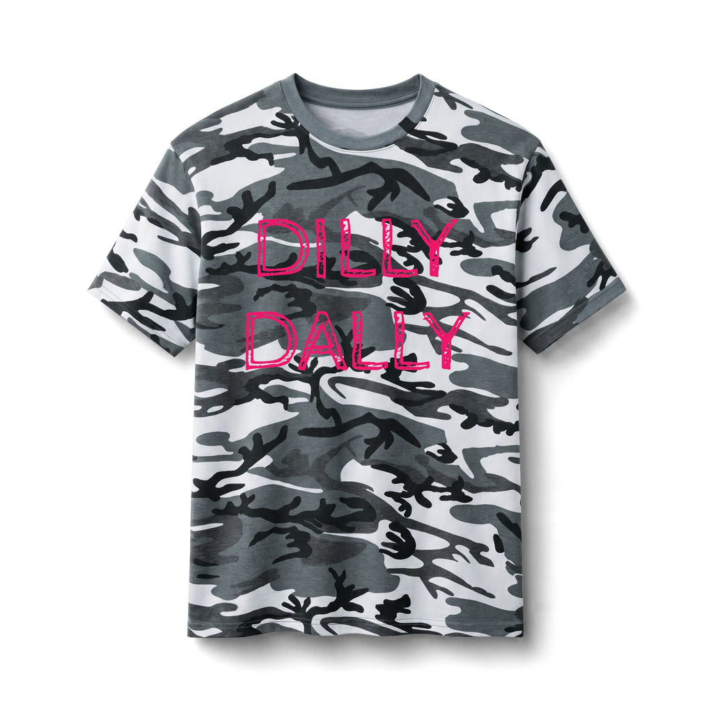 Camo Tee — “Dilly Dally” Pink Graphic Cotton T‑Shirt