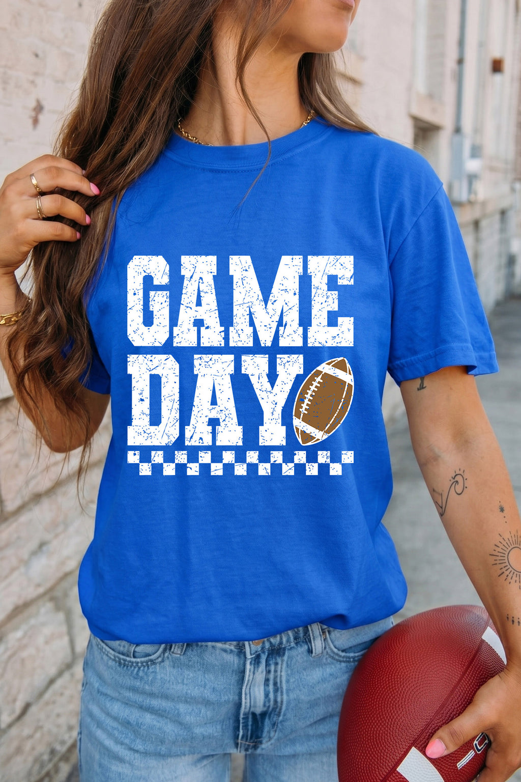 Dark Blue GAME DAY Checkered Print Rugby Graphic T Shirt
