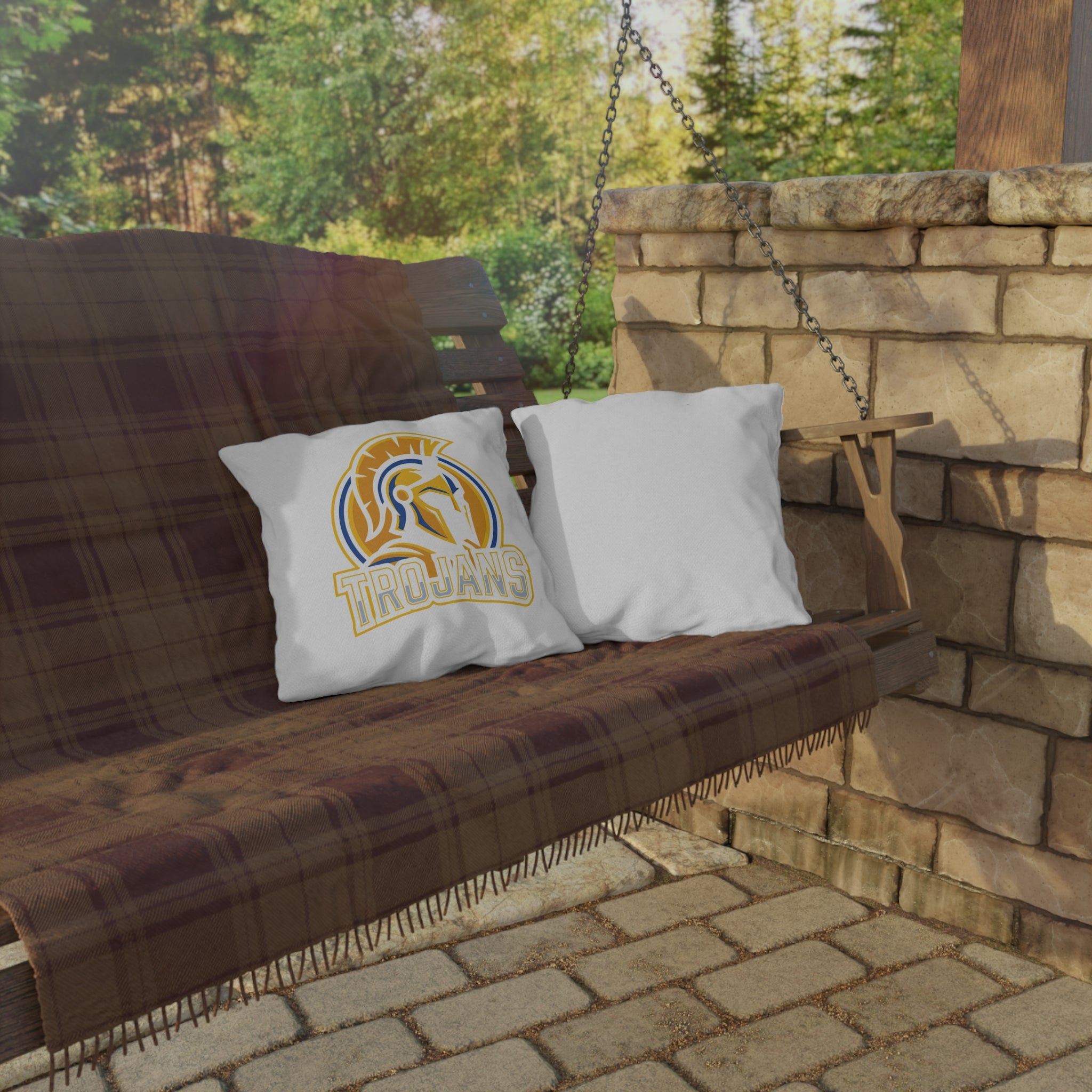 Trojans Outdoor Pillow - Gold & Blue Spartan Helmet Patio Cushion
