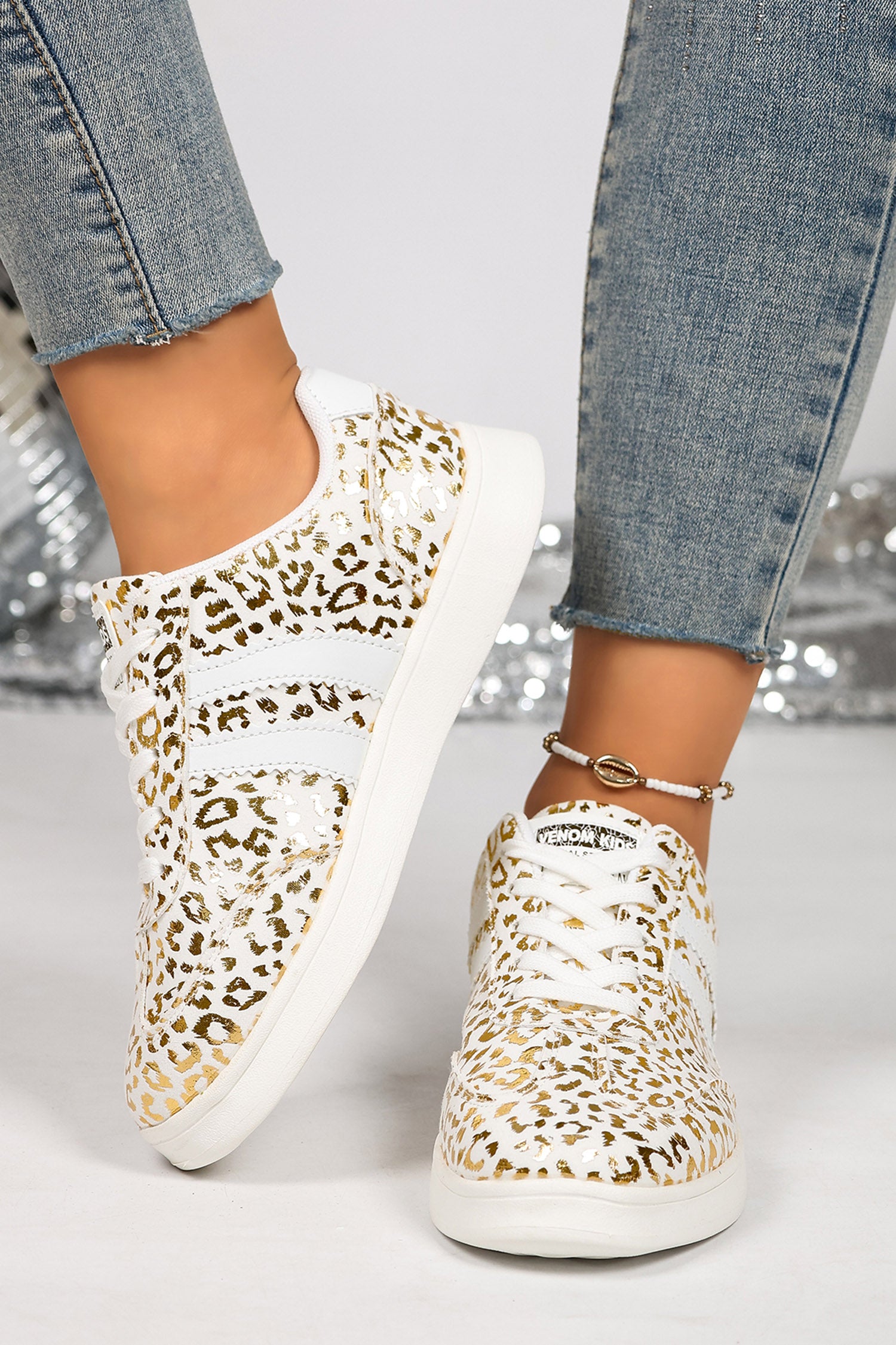 White Leopard Print PU Leather Detail Lace Up Casual Shoes