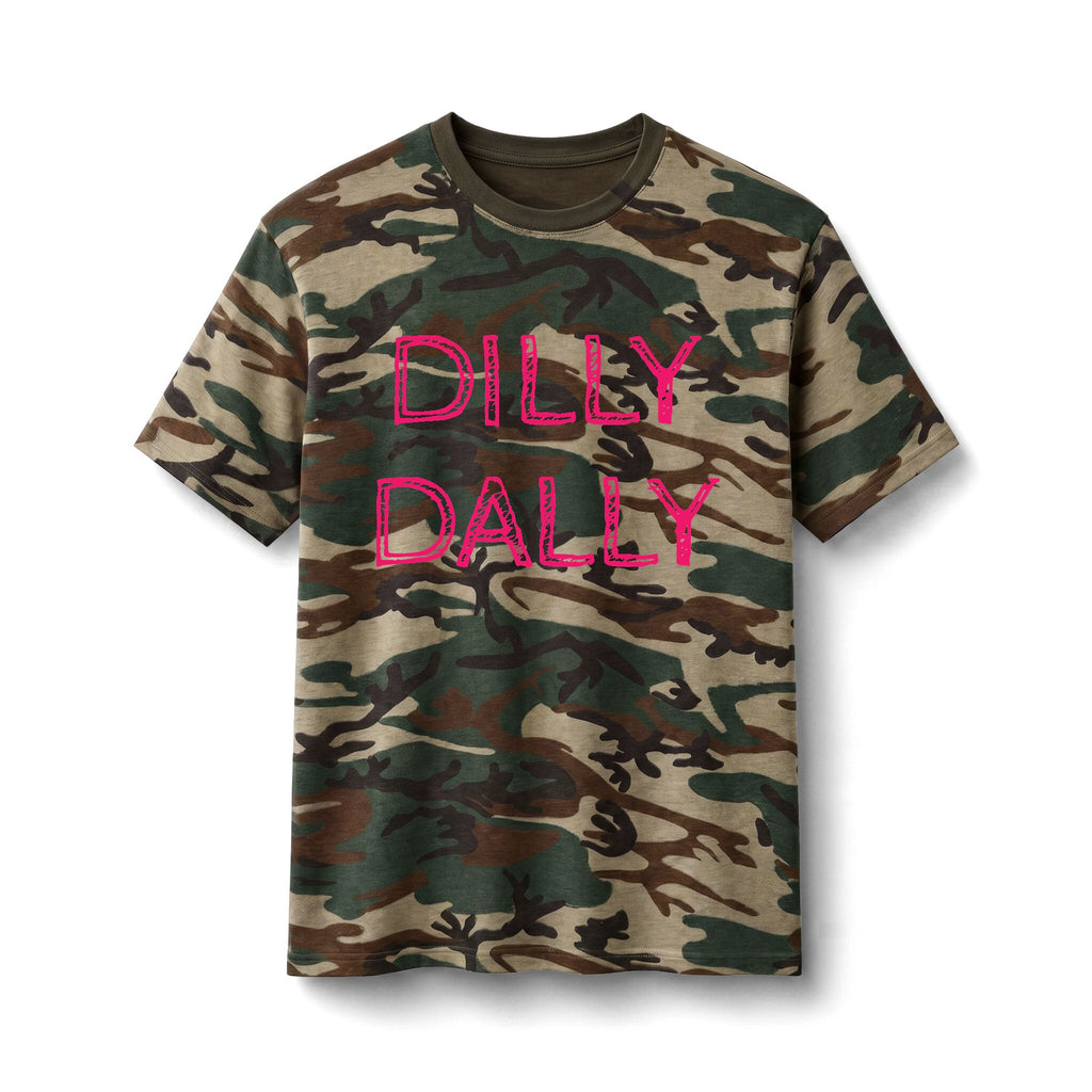 Camo Tee — “Dilly Dally” Pink Graphic Cotton T‑Shirt