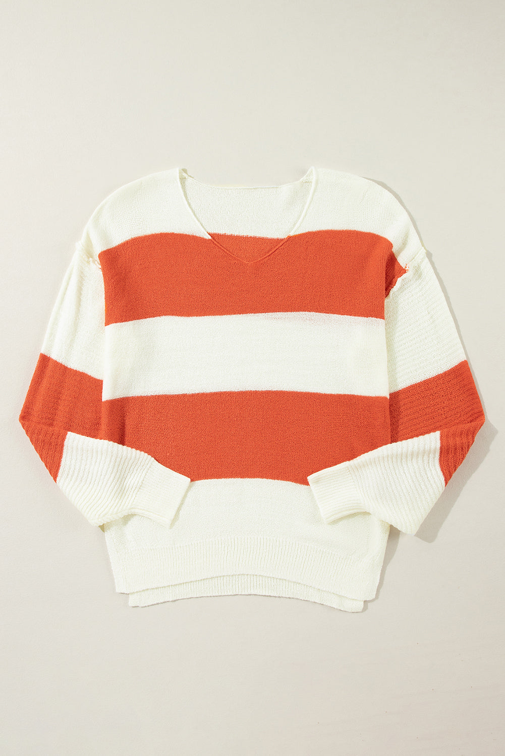 Green Stripe Colorblock V Neck Side Slits Sweater