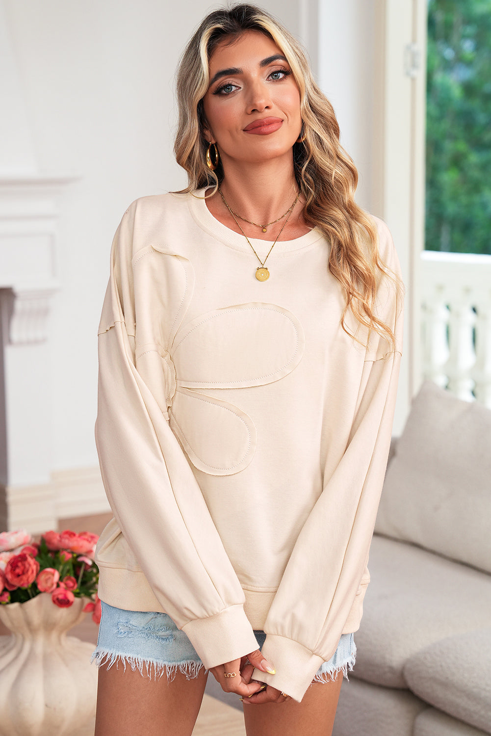 Smoke Green Raw Edge Flower Patch Drop Shoulder Long Sleeve Top