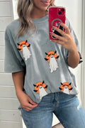 Gray Halloween Ghost Print Short Sleeve Loose Fit T Shirt