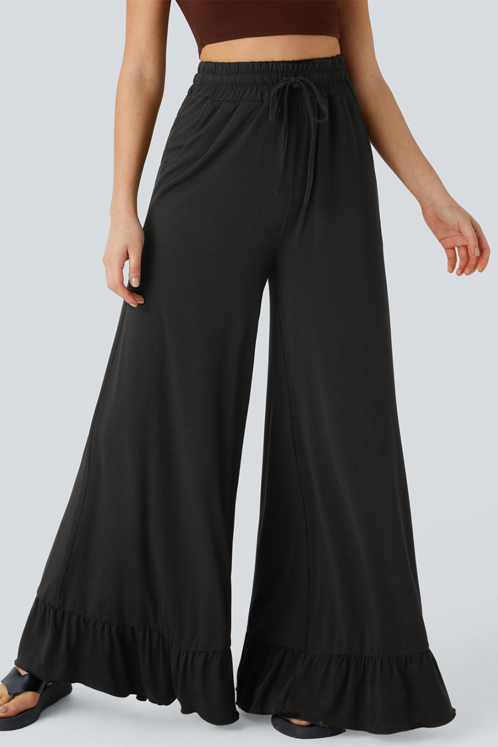 Medium Grey Solid Color Ruffle Hem Wide Leg Pants