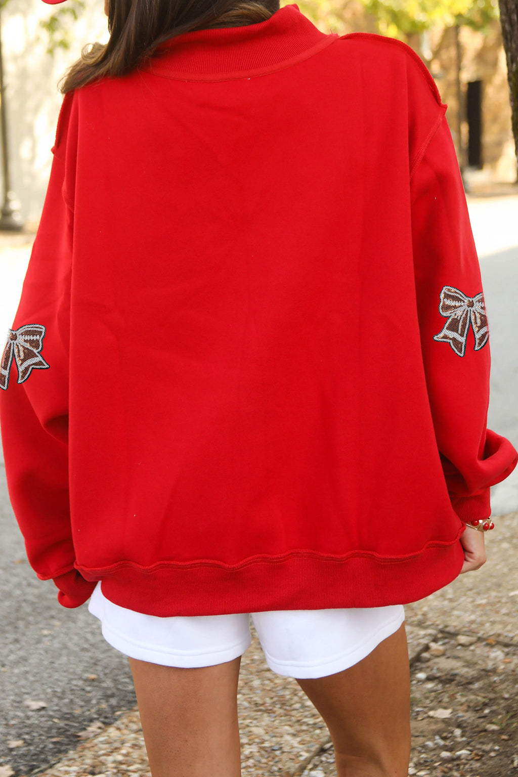 Racing Red Sequin Bowknot Mock Neck Game Day Casual Sweatshirt