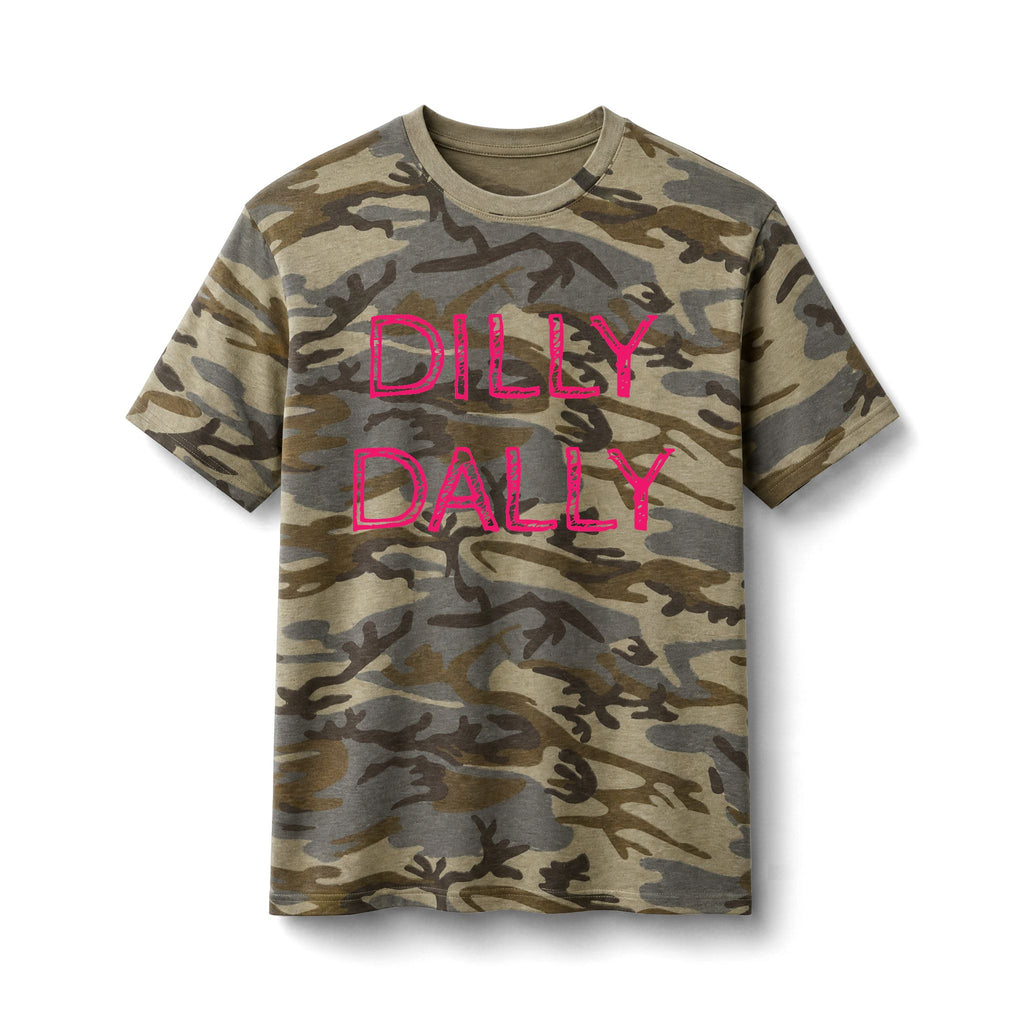 Camo Tee — “Dilly Dally” Pink Graphic Cotton T‑Shirt