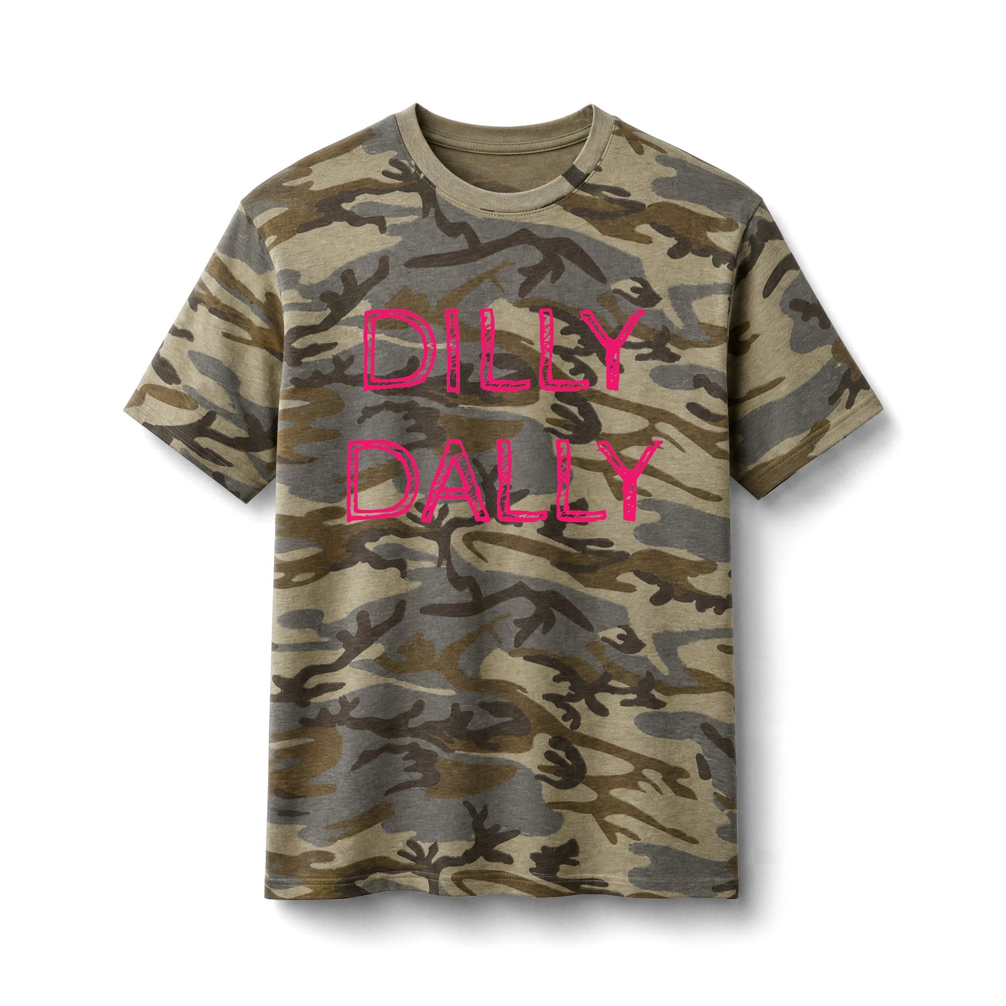 Camo Tee — “Dilly Dally” Pink Graphic Cotton T‑Shirt