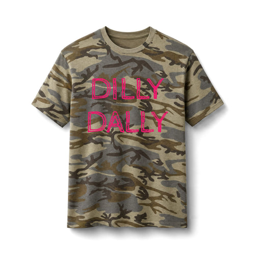 Camo Tee — “Dilly Dally” Pink Graphic Cotton T‑Shirt