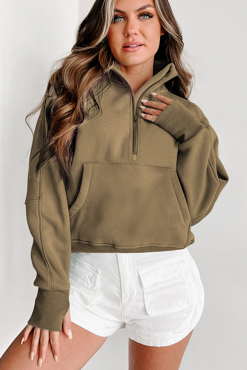 Phalaenopsis Zip Up Stand Collar Ribbed Thumbhole Sleeve Sweatshirt