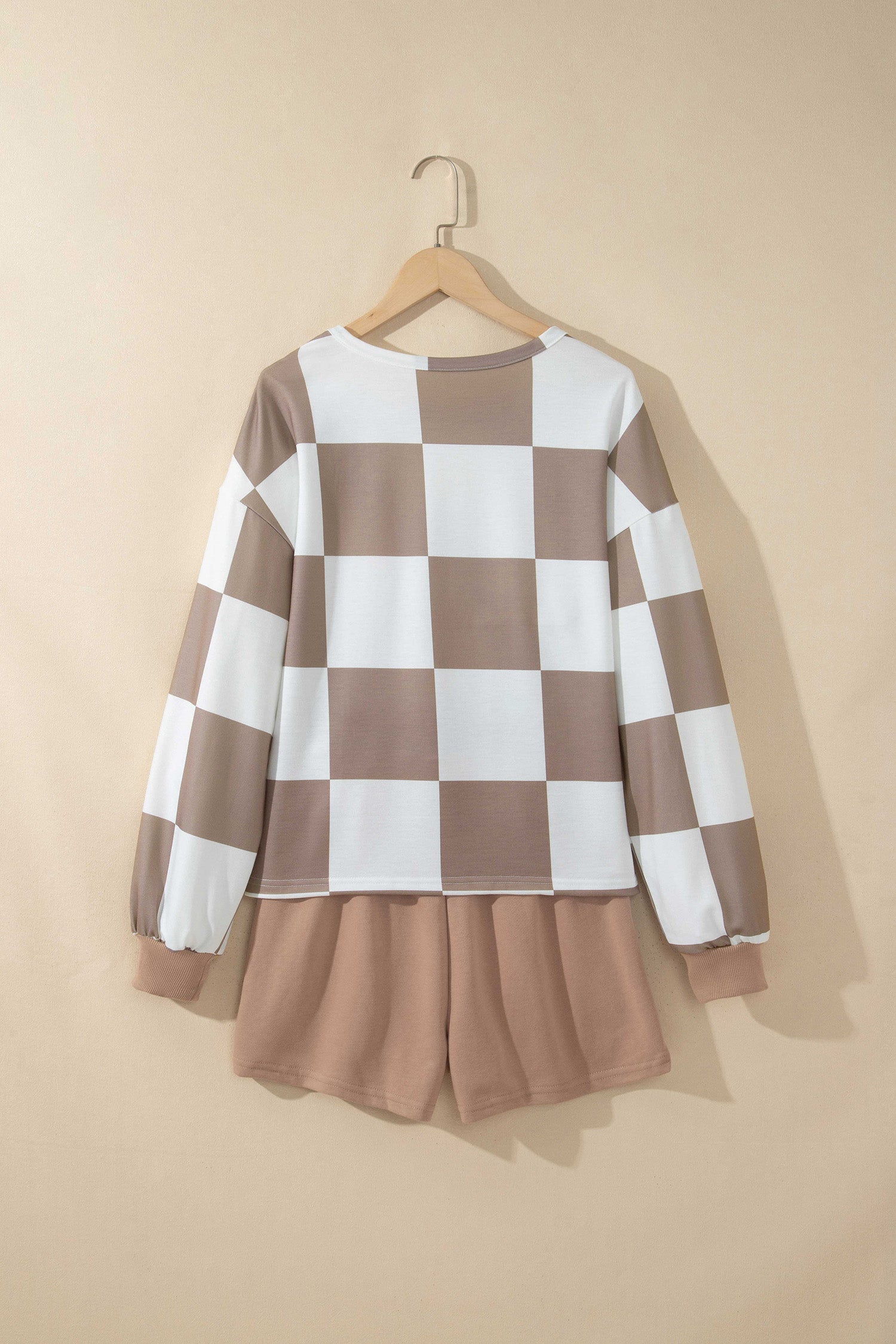 Red Checkerboard Plaid Long Sleeve Solid Color Shorts 2pcs Set