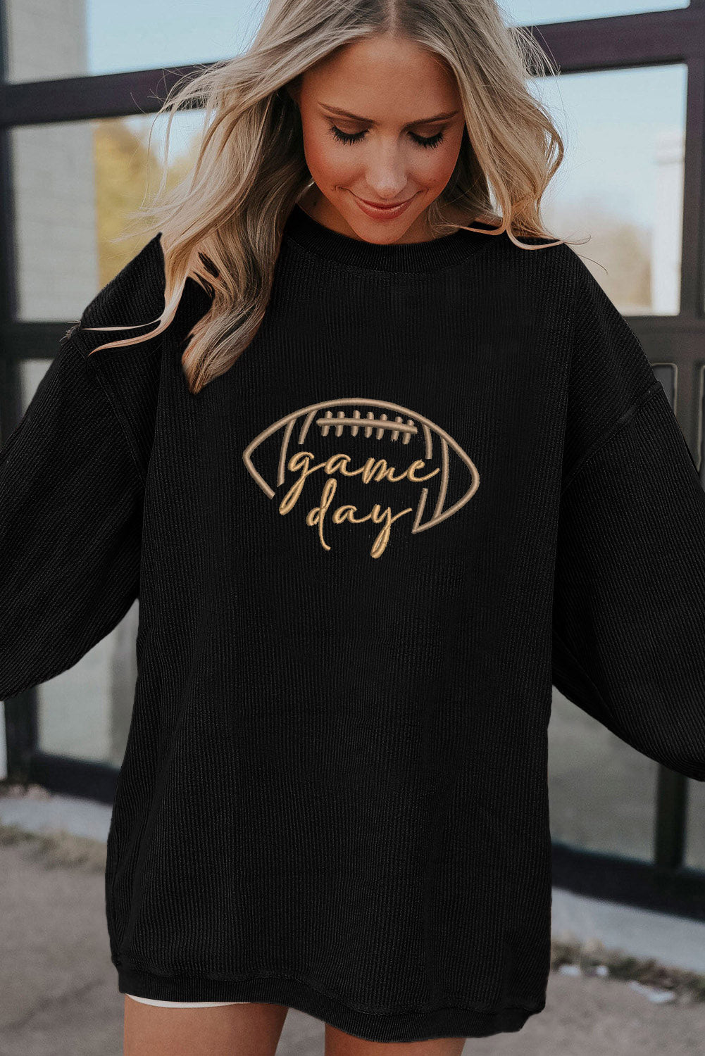 Dark Blue Rugby Game Day Embroidered Corduroy Sweatshirt