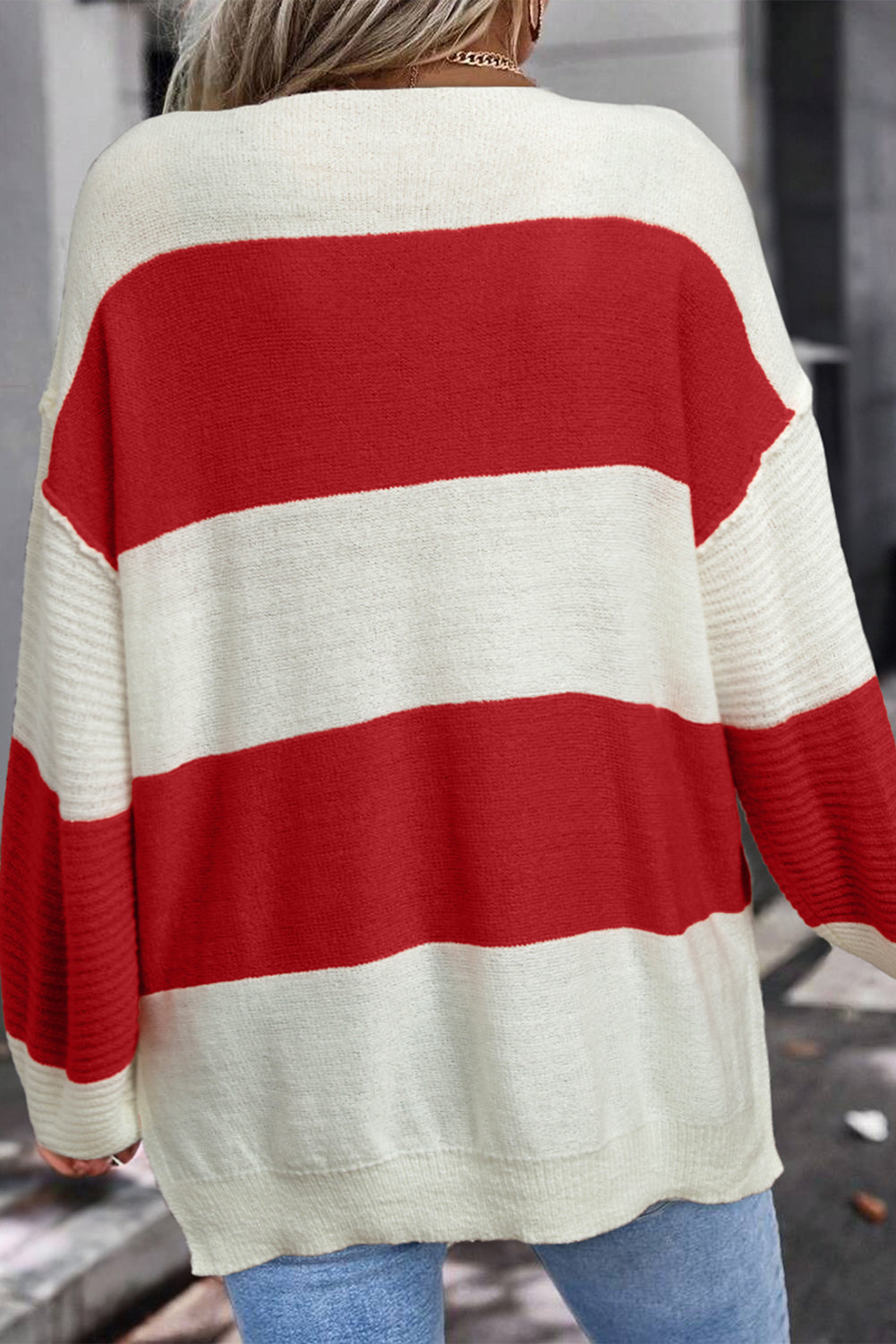 Green Stripe Colorblock V Neck Side Slits Sweater