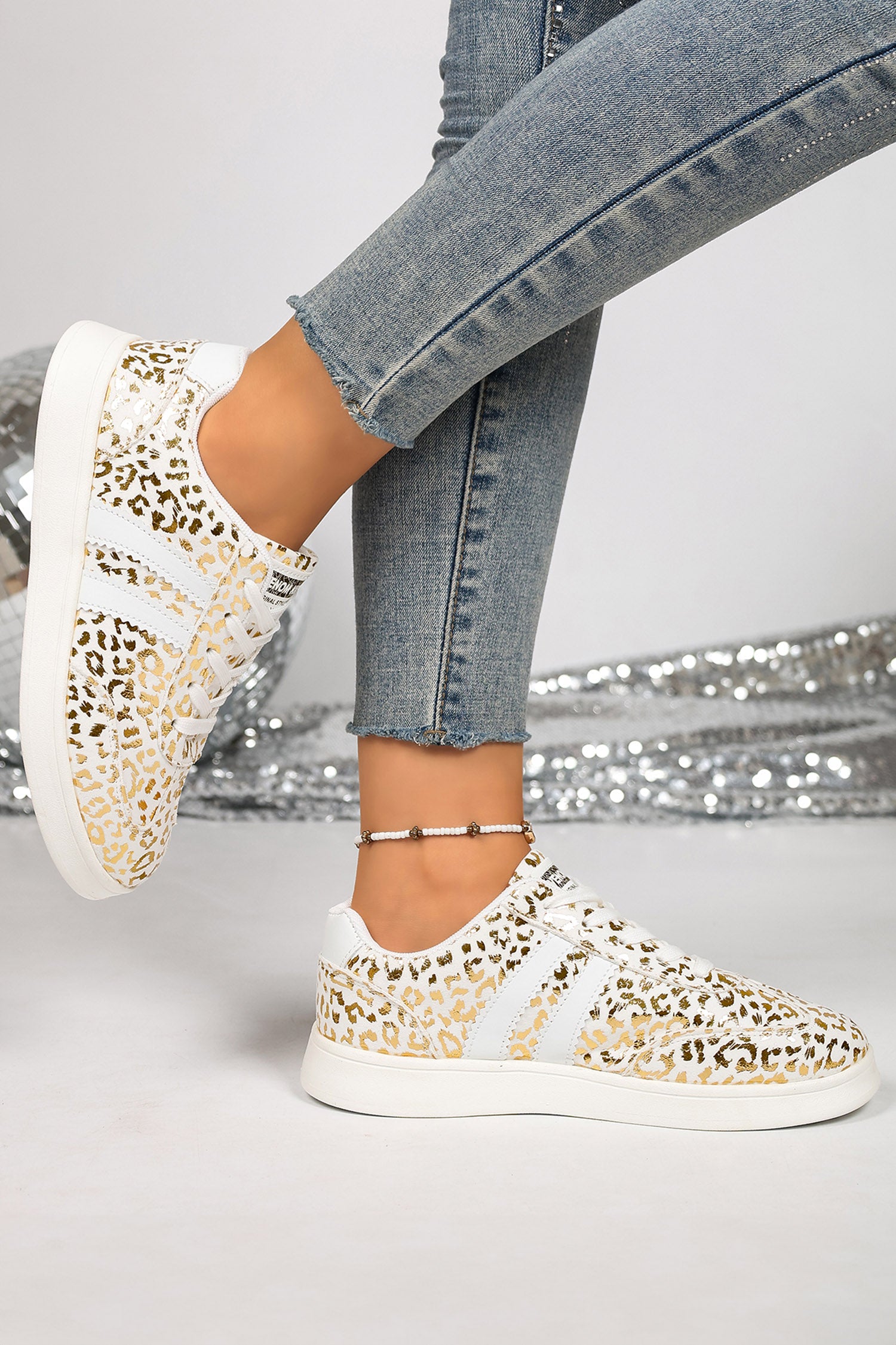 White Leopard Print PU Leather Detail Lace Up Casual Shoes