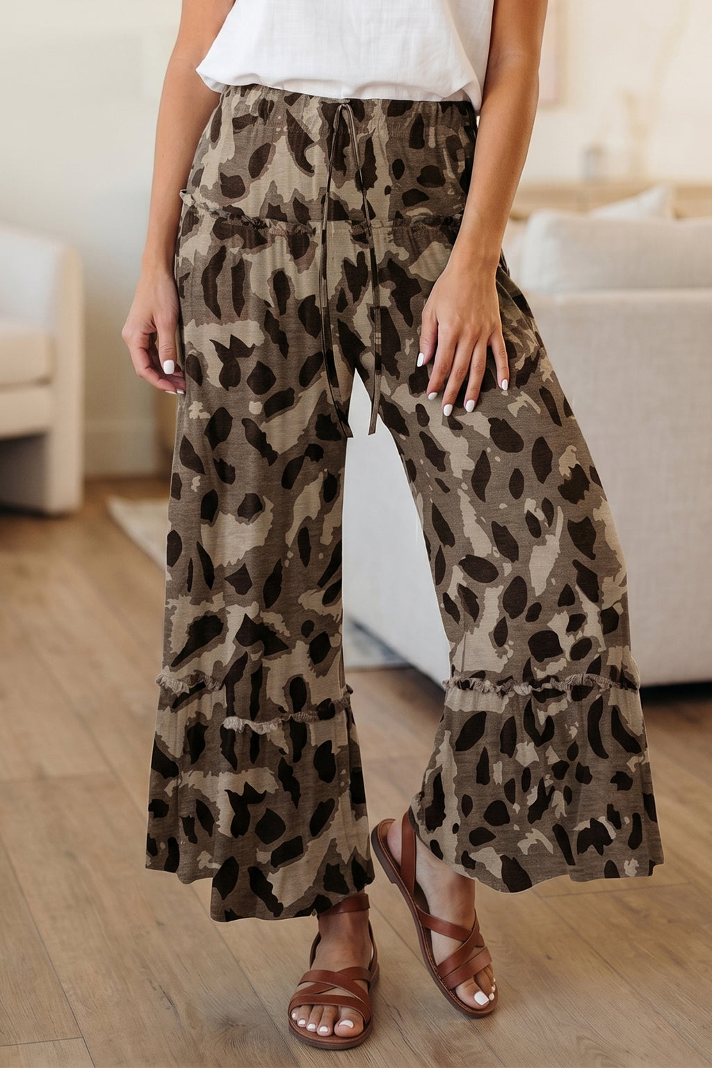 Beige Camo Print Wide Leg Casual Pants