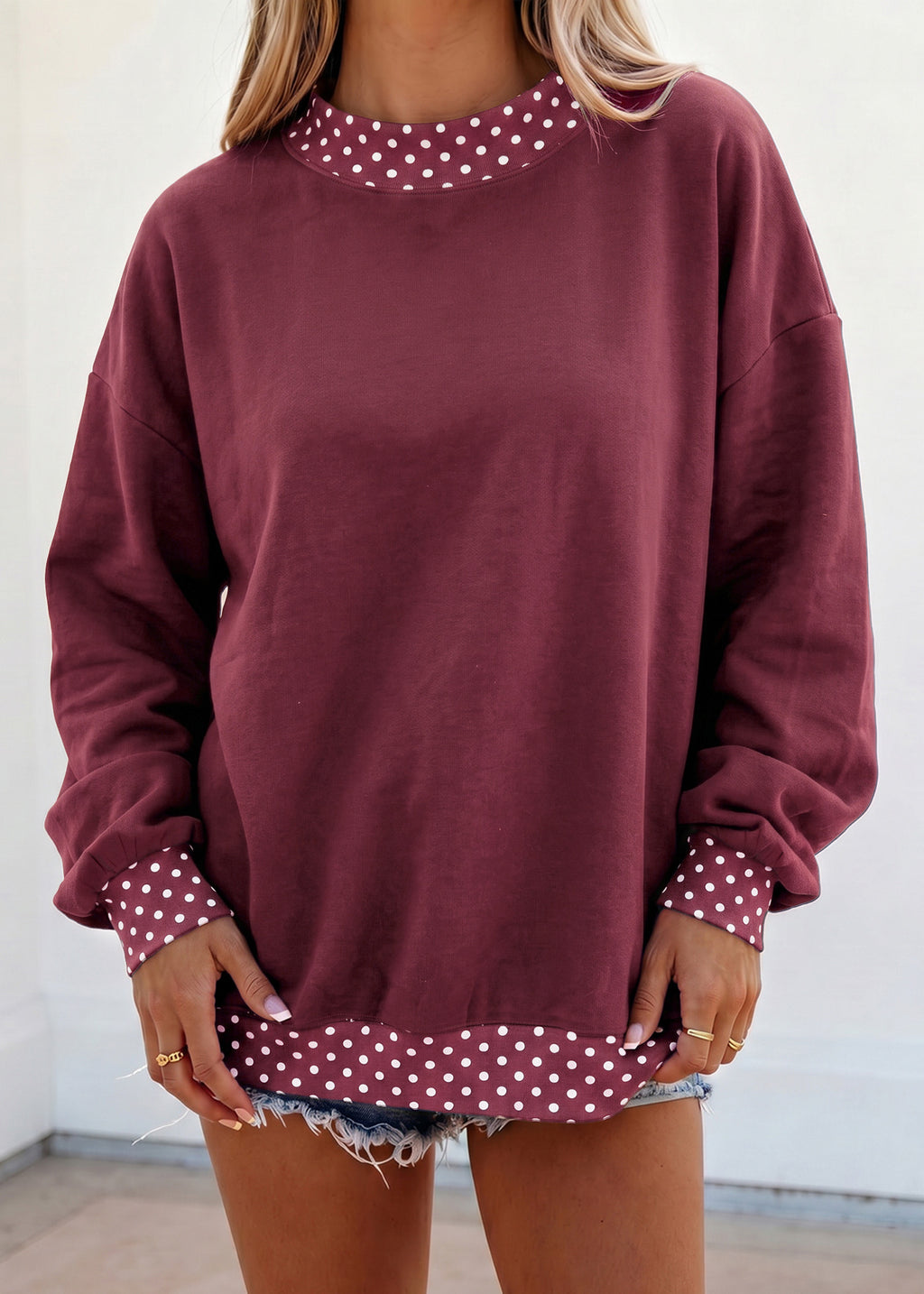 Red Colorblock Polka Dot Contrast Trim Oversized Sweatshirt