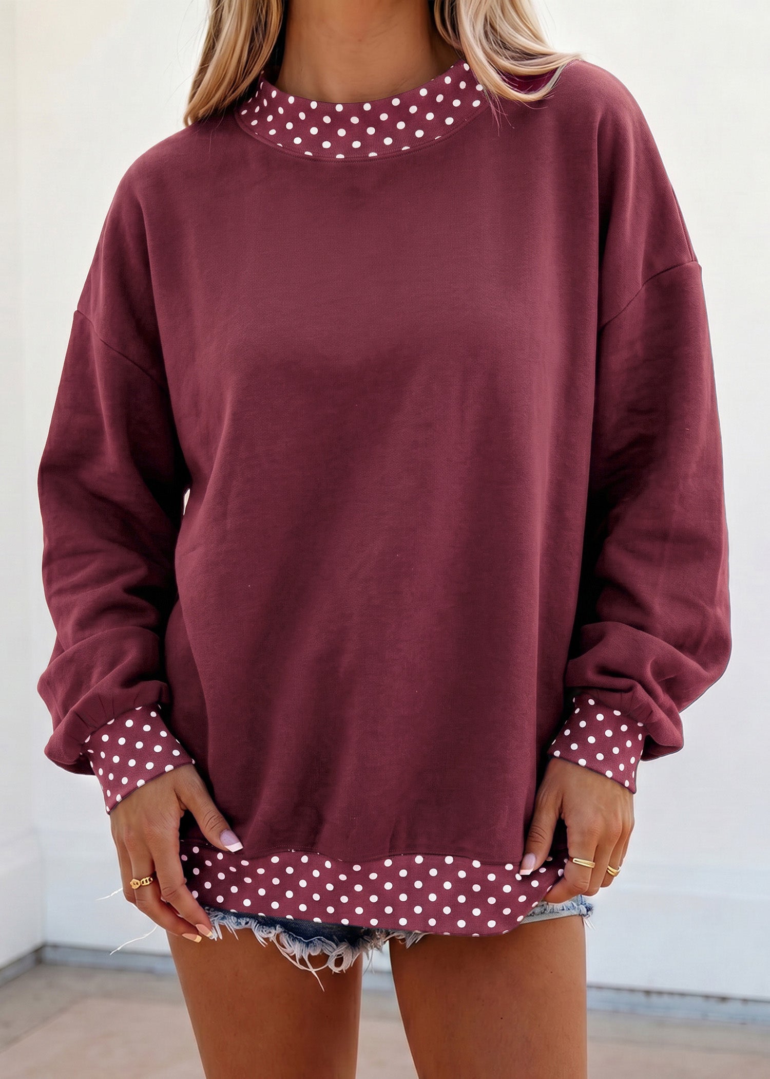 Red Colorblock Polka Dot Contrast Trim Oversized Sweatshirt
