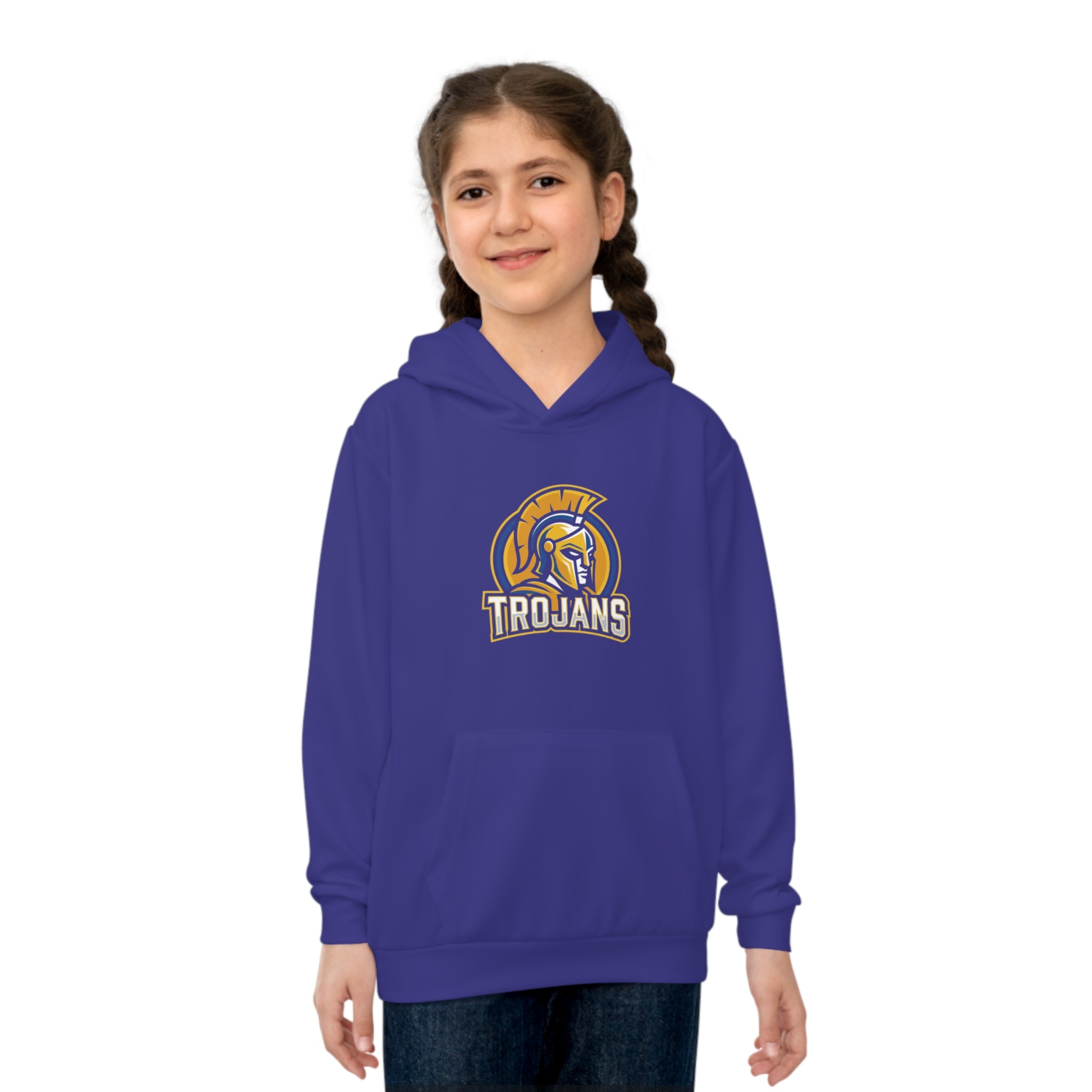 Trojans Kids Hoodie — Youth Purple Team Hoodie with Trojan Helmet Logo