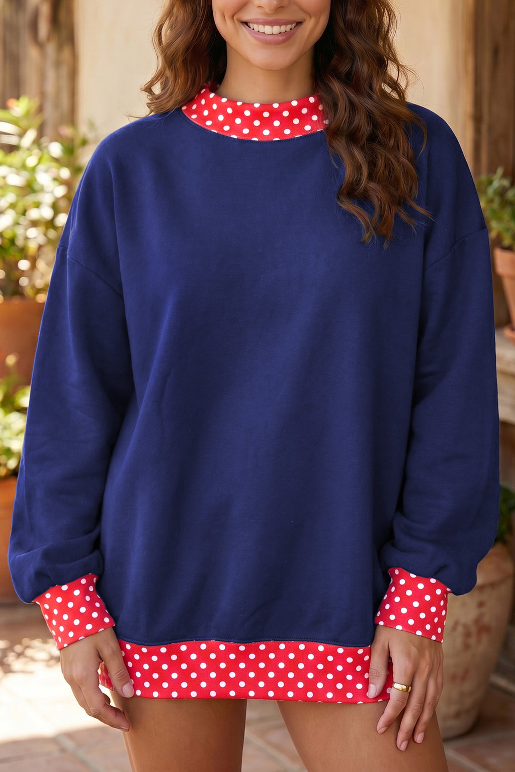 Red Colorblock Polka Dot Contrast Trim Oversized Sweatshirt