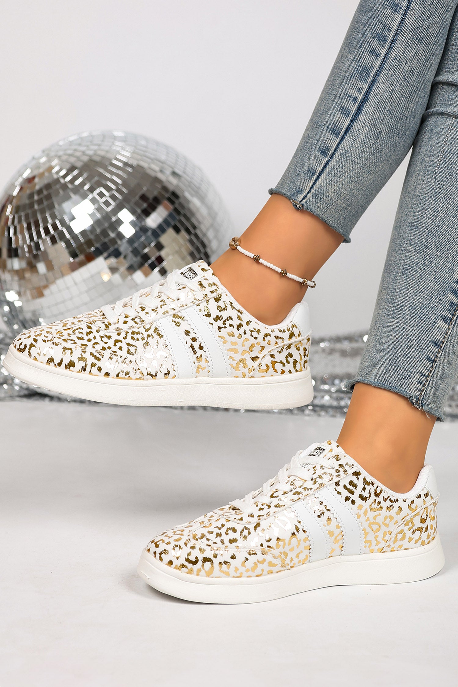 White Leopard Print PU Leather Detail Lace Up Casual Shoes
