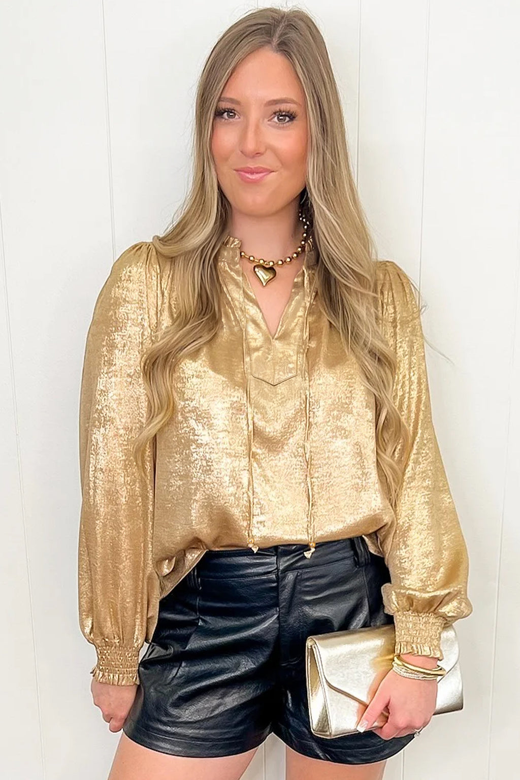 Gold Metallic Sheen V Neck Gathered Cuff Long Sleeve Blouse