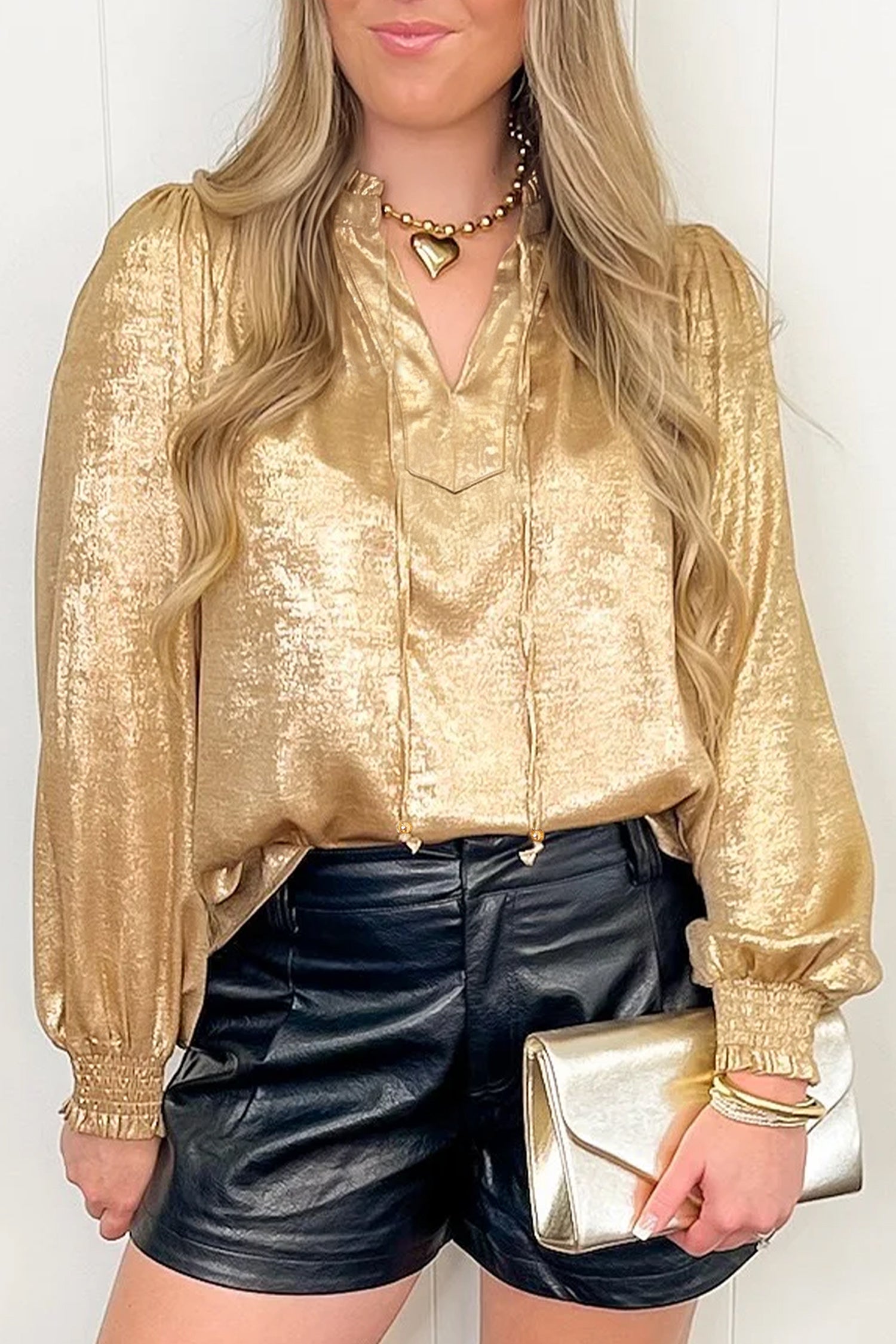 Gold Metallic Sheen V Neck Gathered Cuff Long Sleeve Blouse