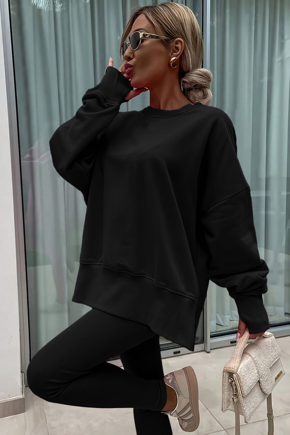 Orchid Mist Solid Color Oversized Slit Sweatshirt Ribbed Leggings Set