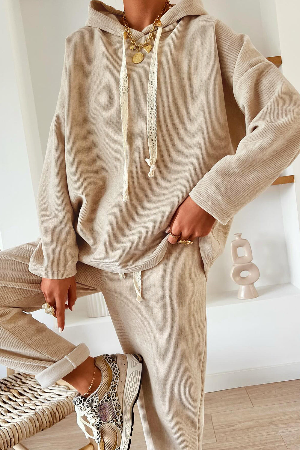 Dark Khaki Drawstring Pullover Hoodie and High Waist Pants Corduroy Suit