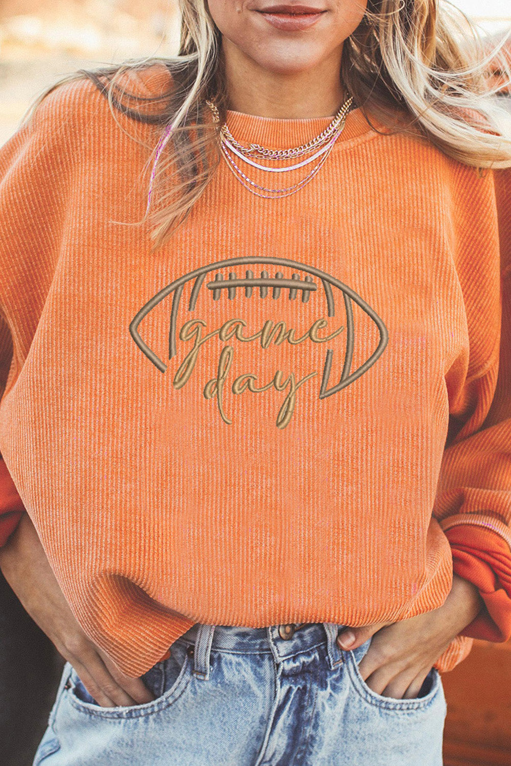 Dark Blue Rugby Game Day Embroidered Corduroy Sweatshirt