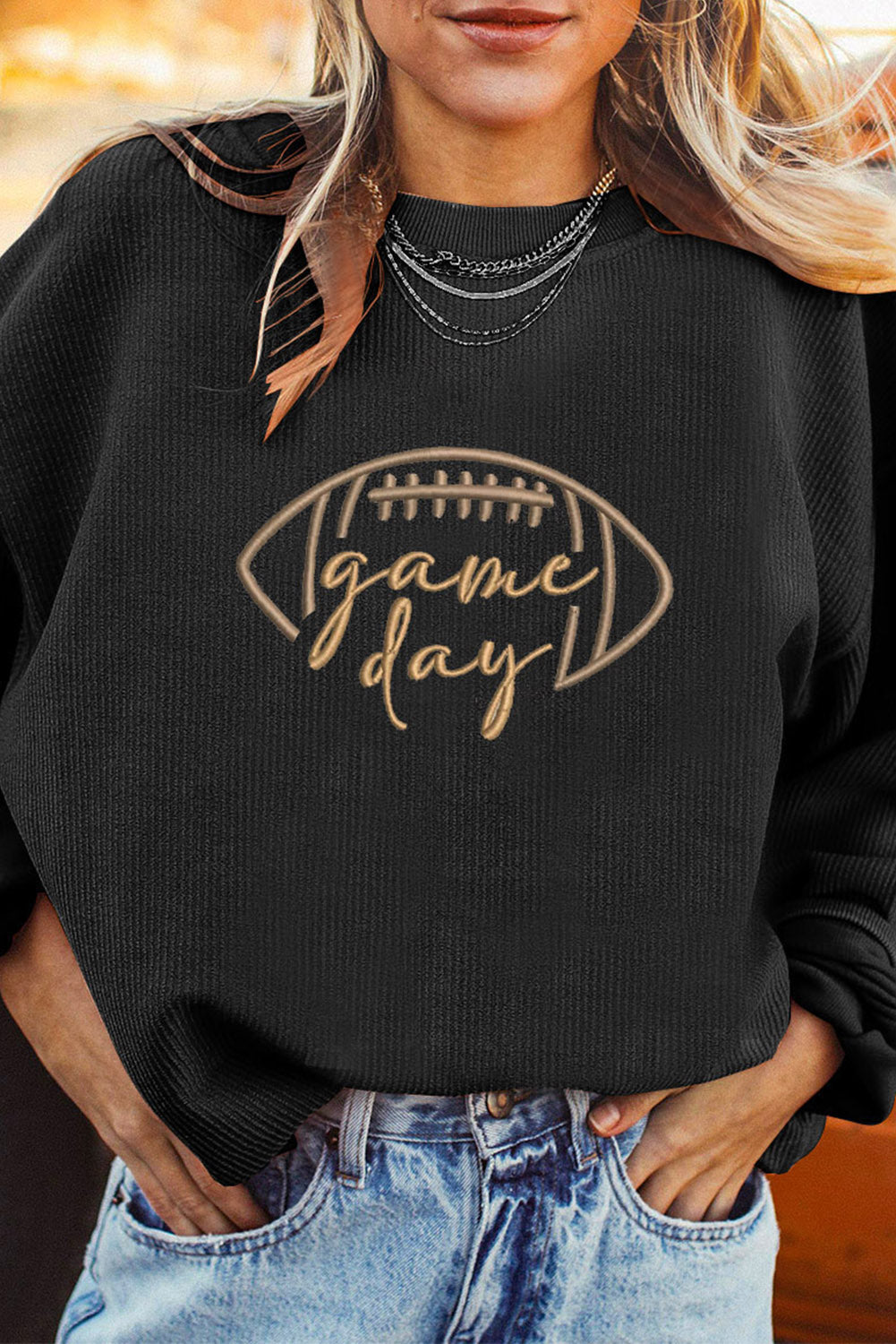Dark Blue Rugby Game Day Embroidered Corduroy Sweatshirt