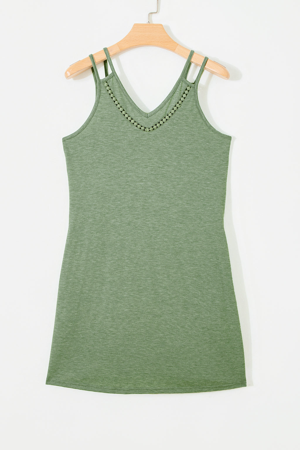Grass Green Solid Color Lace Detail V Neck Sleeveless Shift Mini Dress
