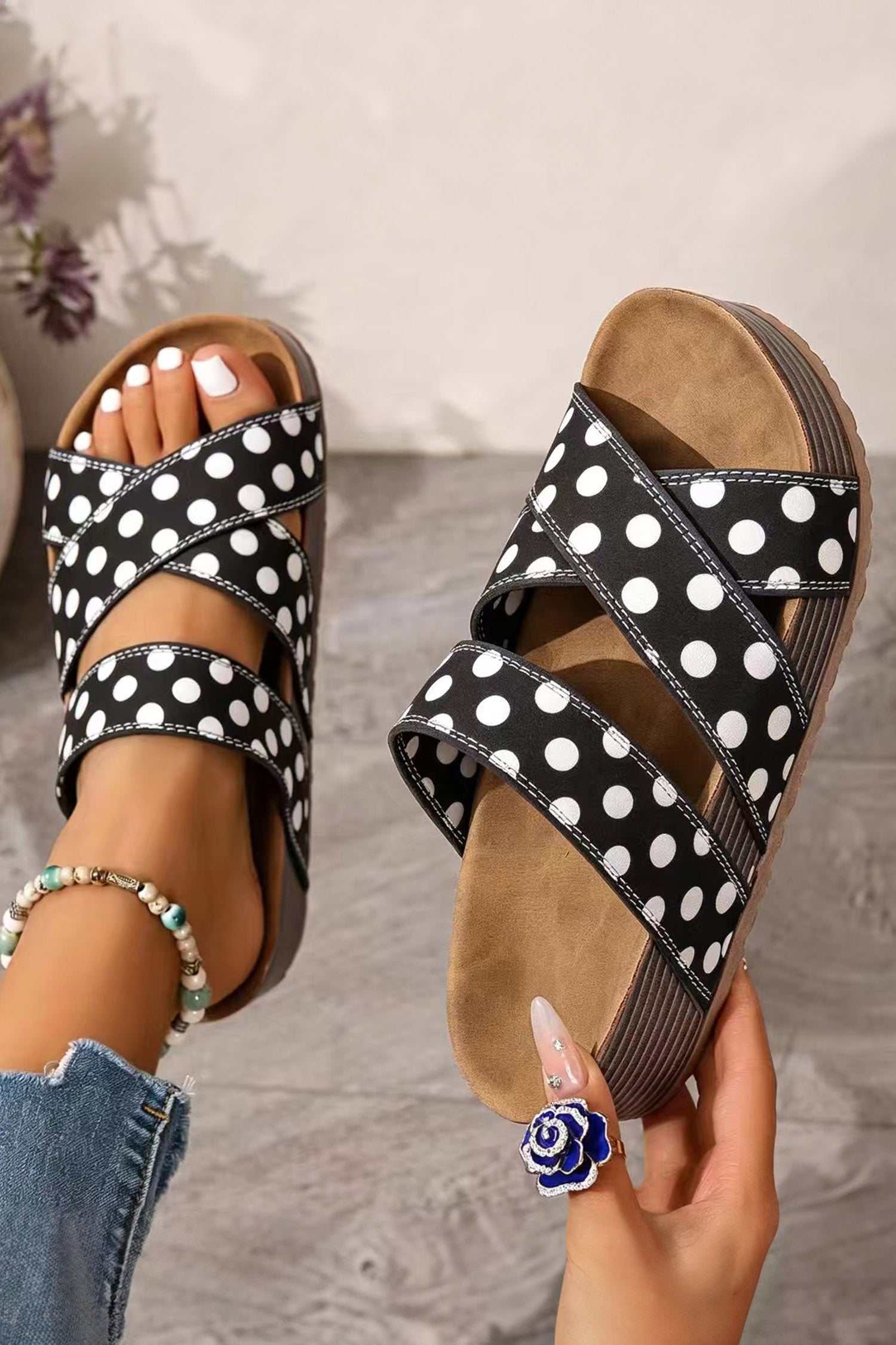 White Polka Dot Crossed Band Soft Suede Platform Slippers