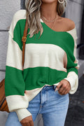 Green Stripe Colorblock V Neck Side Slits Sweater