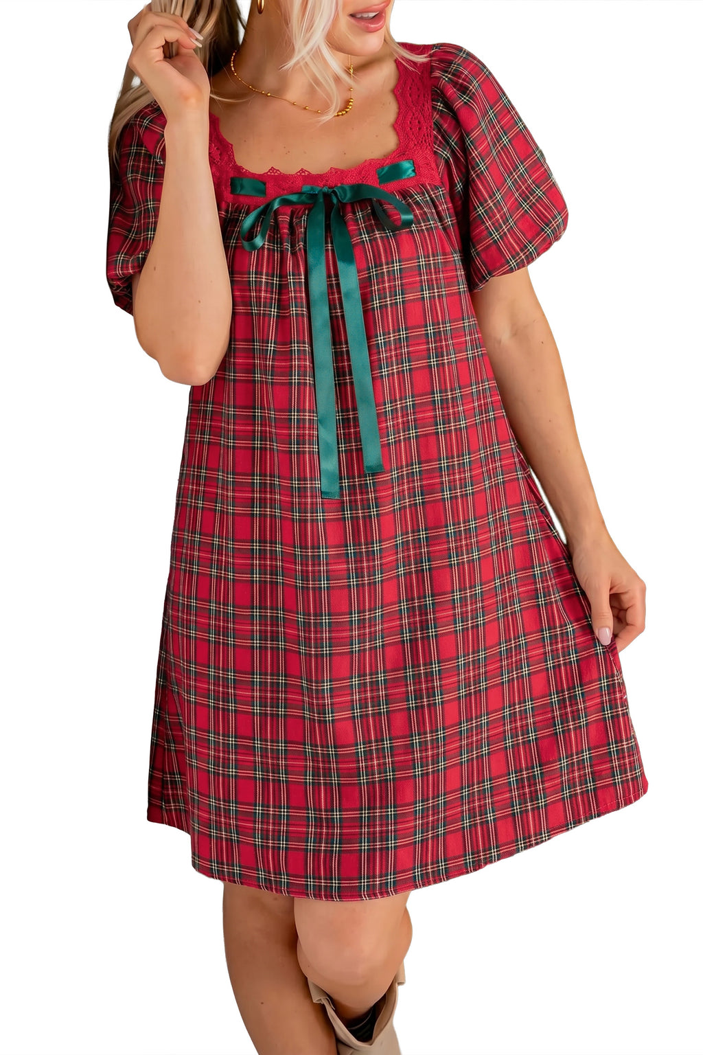Red Plaid Square Collar Lace Trim Short Sleeve Shift Mini Dress