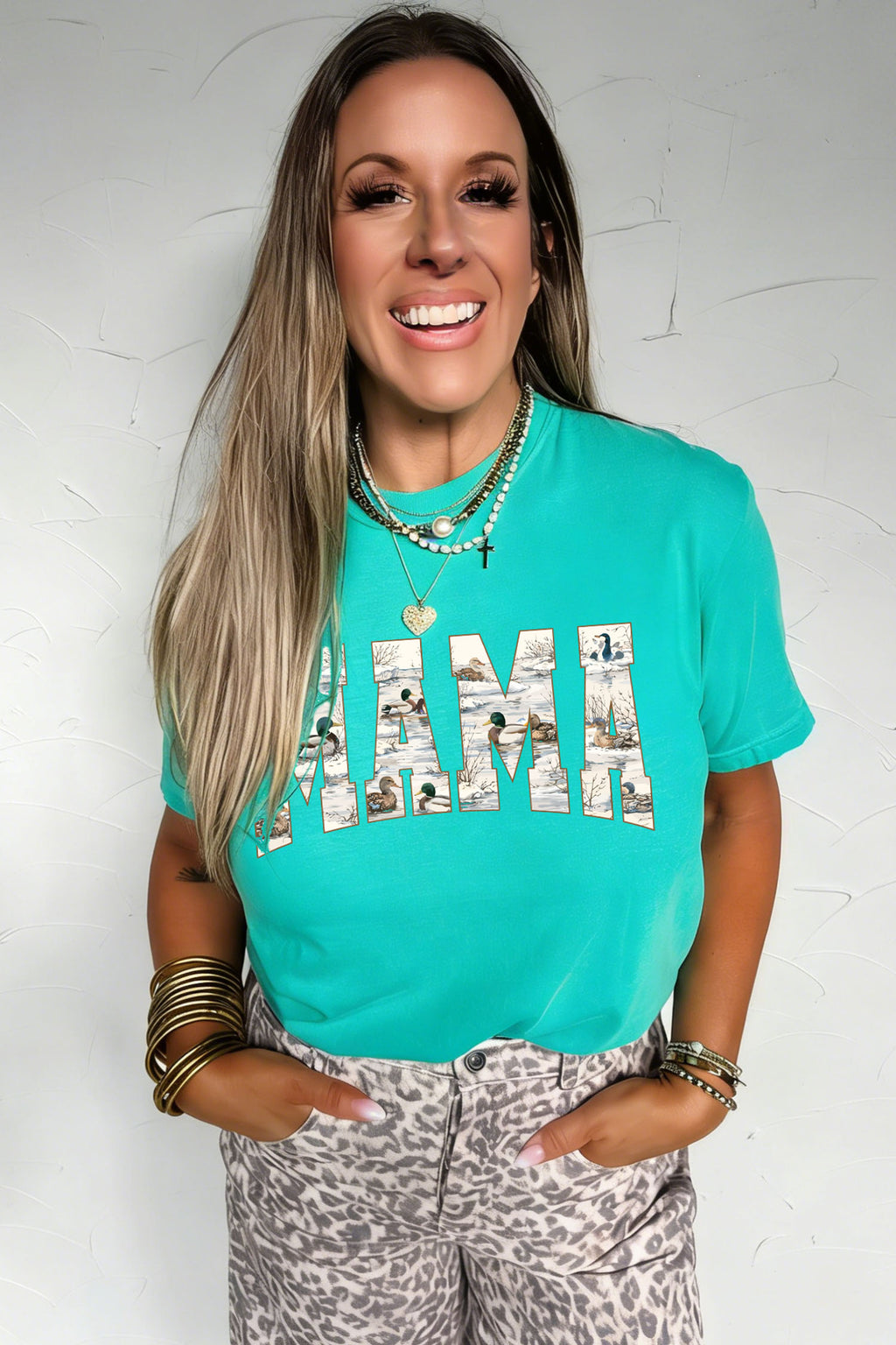 Mint Green Mallard Duck Print MAMA Lettering Graphic T Shirt