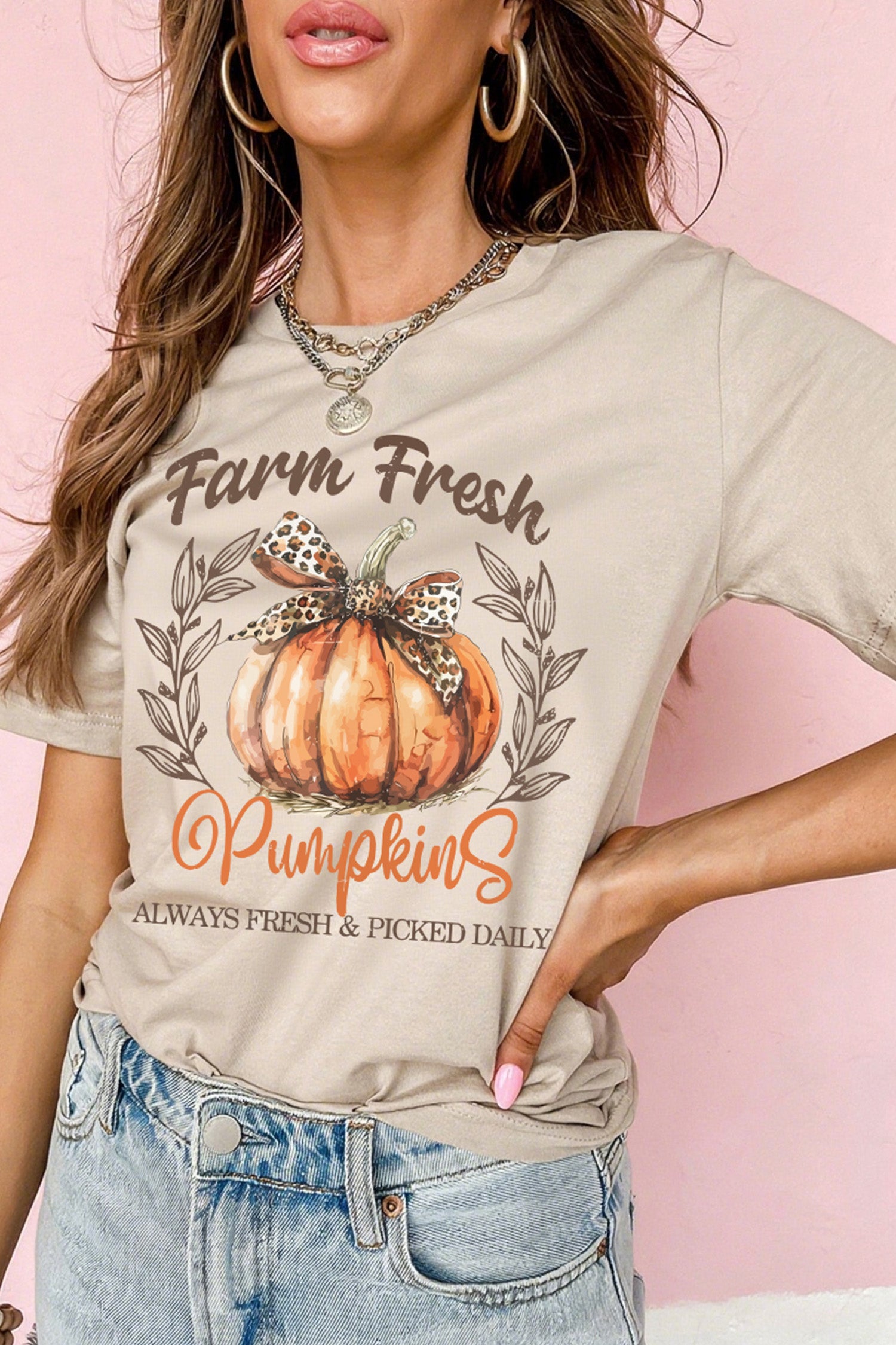 Khaki Farm Fresh Pumpkin Slogan Fall Thanksgiving Graphic Tee