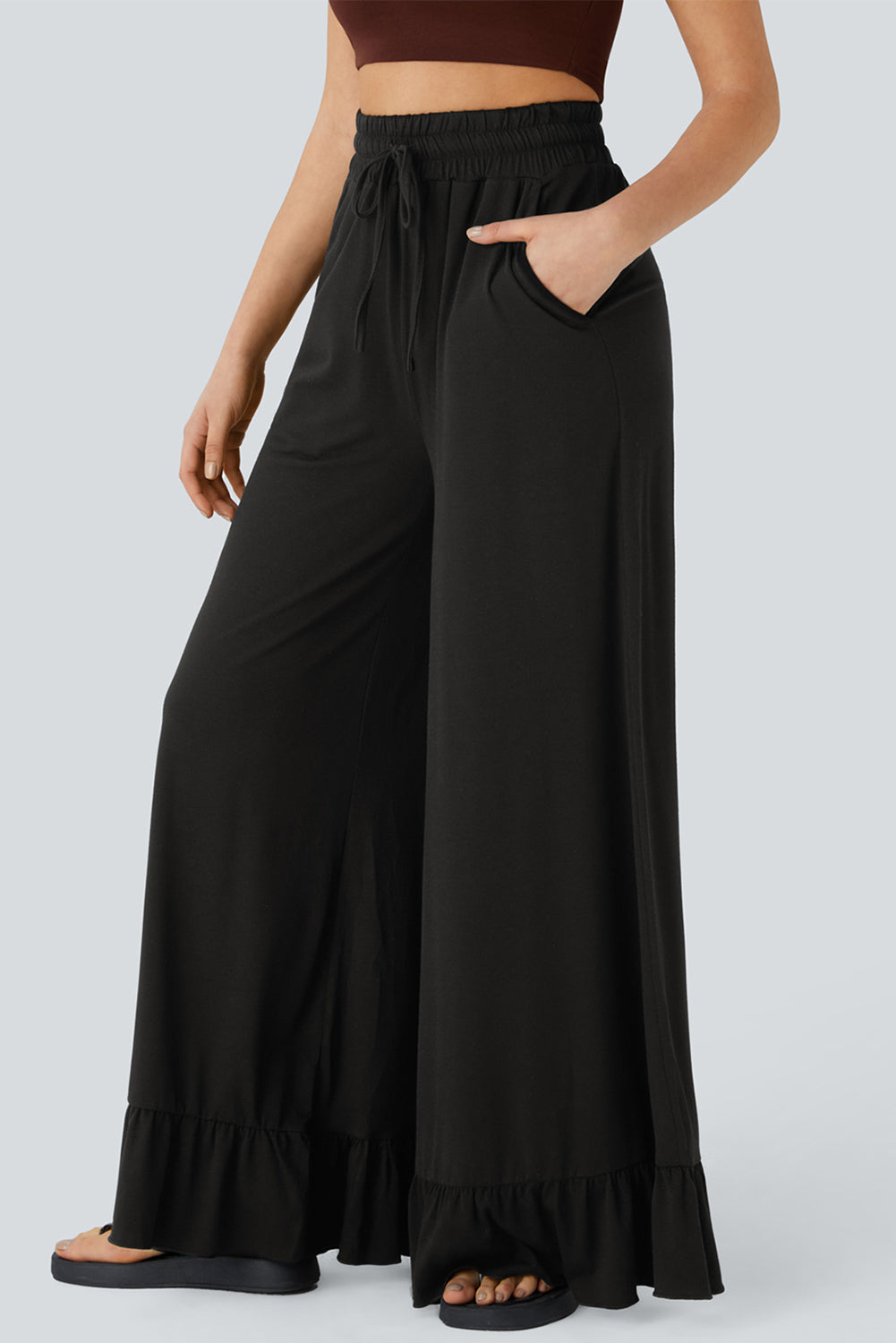 Medium Grey Solid Color Ruffle Hem Wide Leg Pants