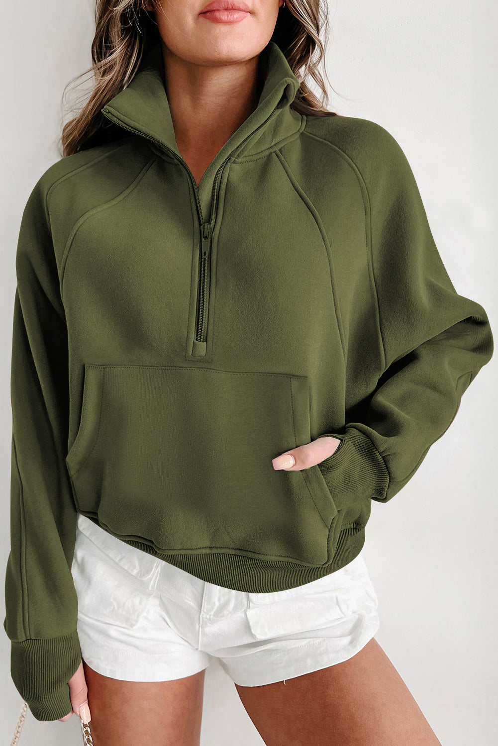 Phalaenopsis Zip Up Stand Collar Ribbed Thumbhole Sleeve Sweatshirt